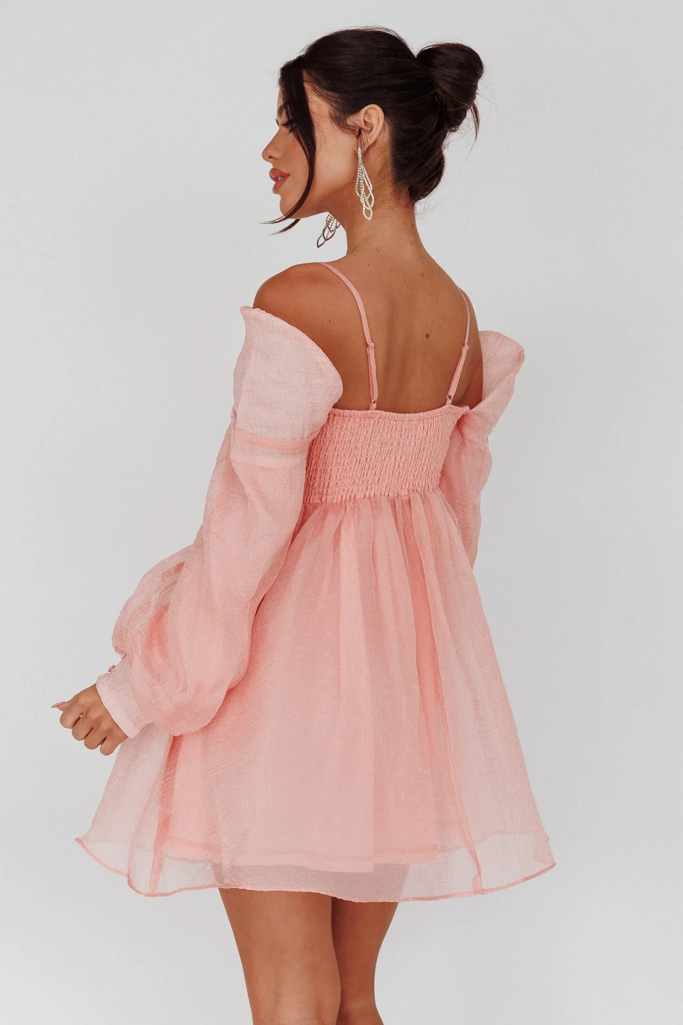 Yasi Long Sleeve Babydoll Mini Dress Peach - Seraphlike