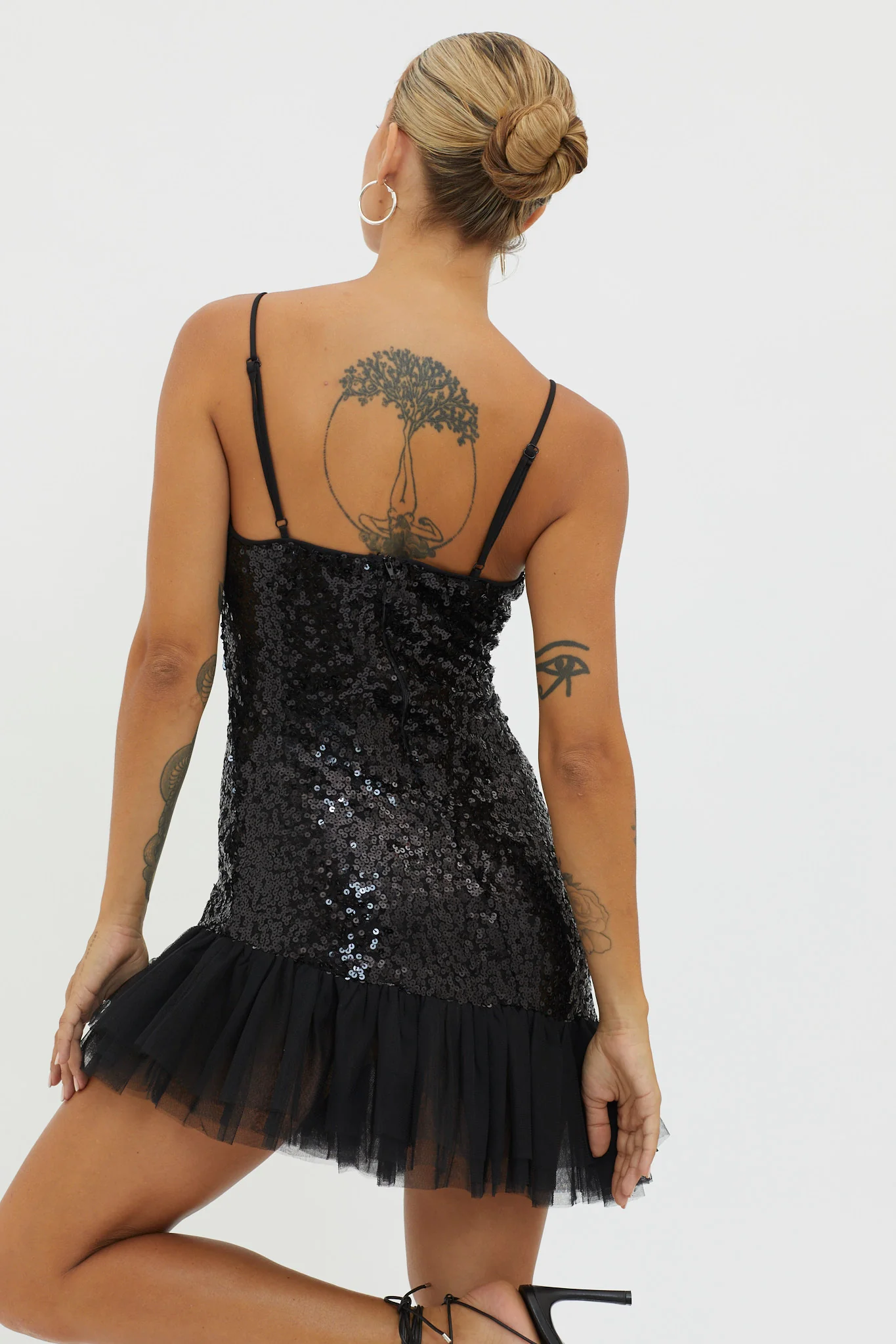 Sassafras Tulle Hem Sequin Mini Dress Black - Seraphlike