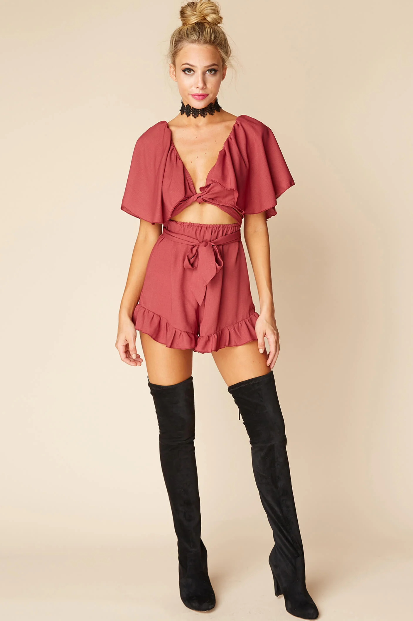 Shelly Ruffled cutout Romper Rose - Seraphlike