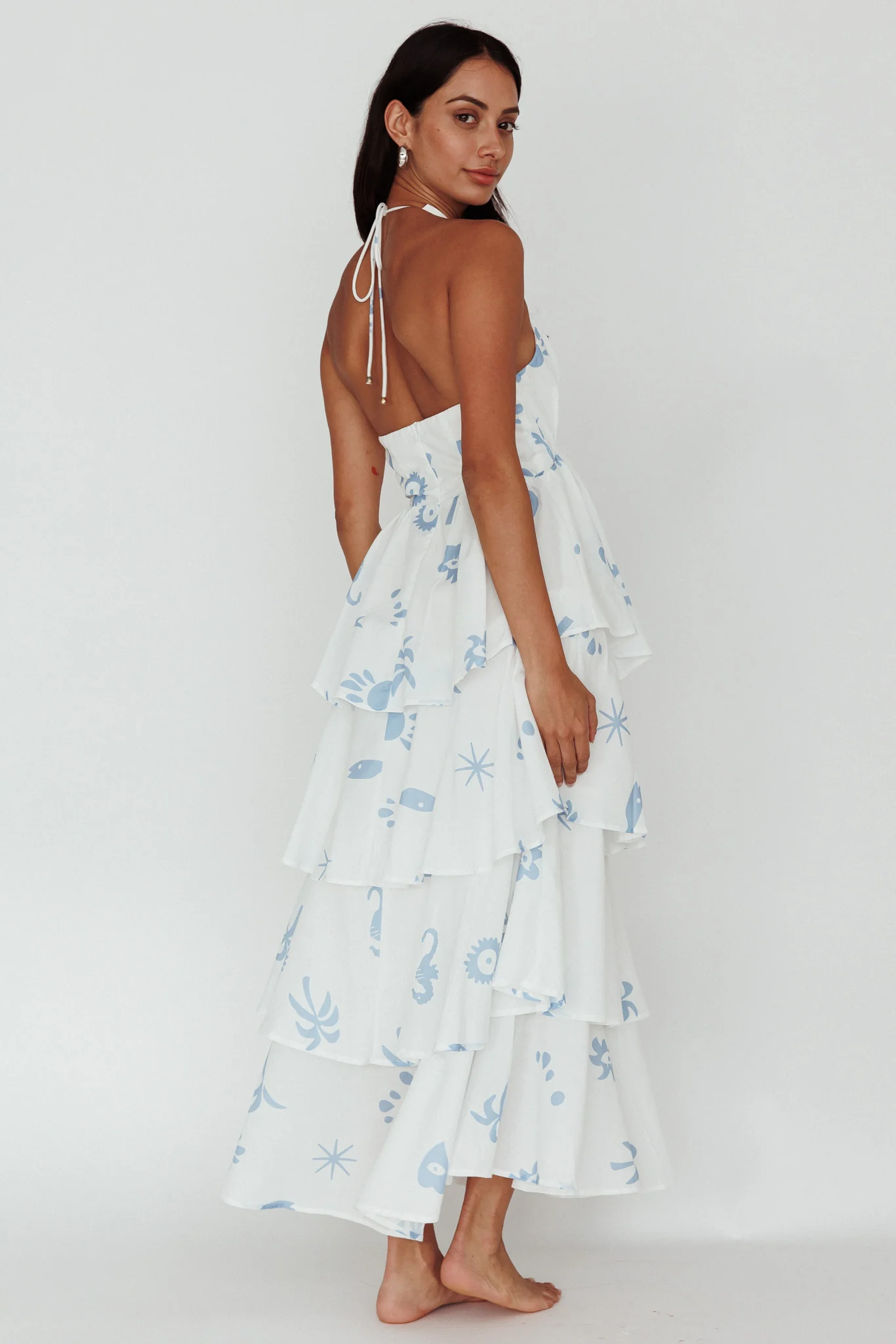 Catalina Tiered Ruffle Maxi Dress White Blue - Seraphlike