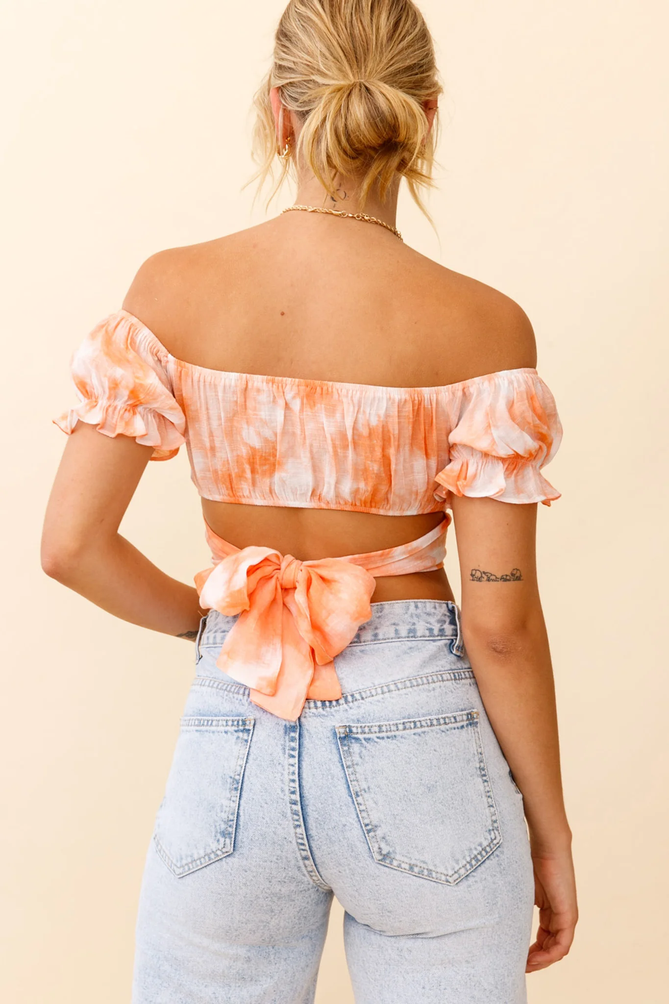 Linka Off-Shoulder Tie-Back Crop Top Tie-Dye Orange - Seraphlike