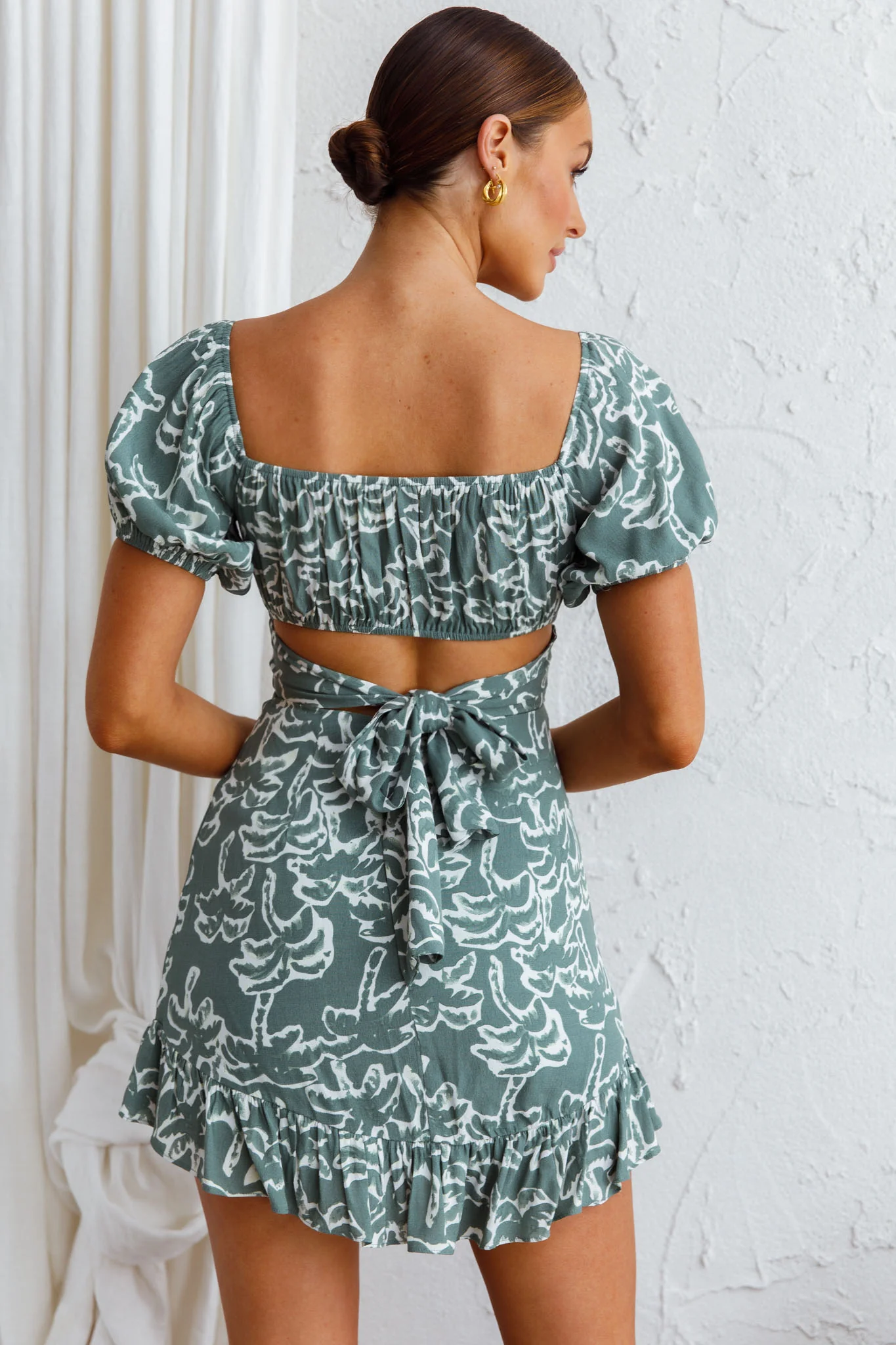 Palm Beach Puff Sleeve Dress Printed Green - Seraphlike