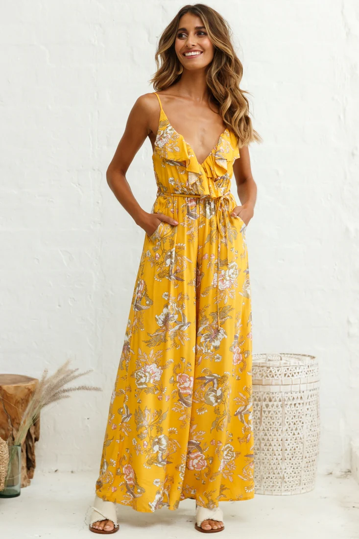 Melita Ruffle V-Neckline Jumpsuit Mustard Print - Seraphlike