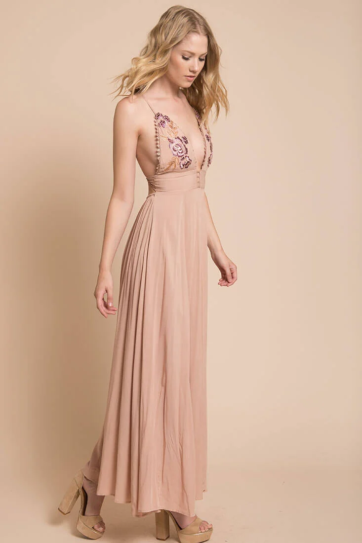 Summer Wedding Embroidered Floral Maxi Dress Mocha - Seraphlike