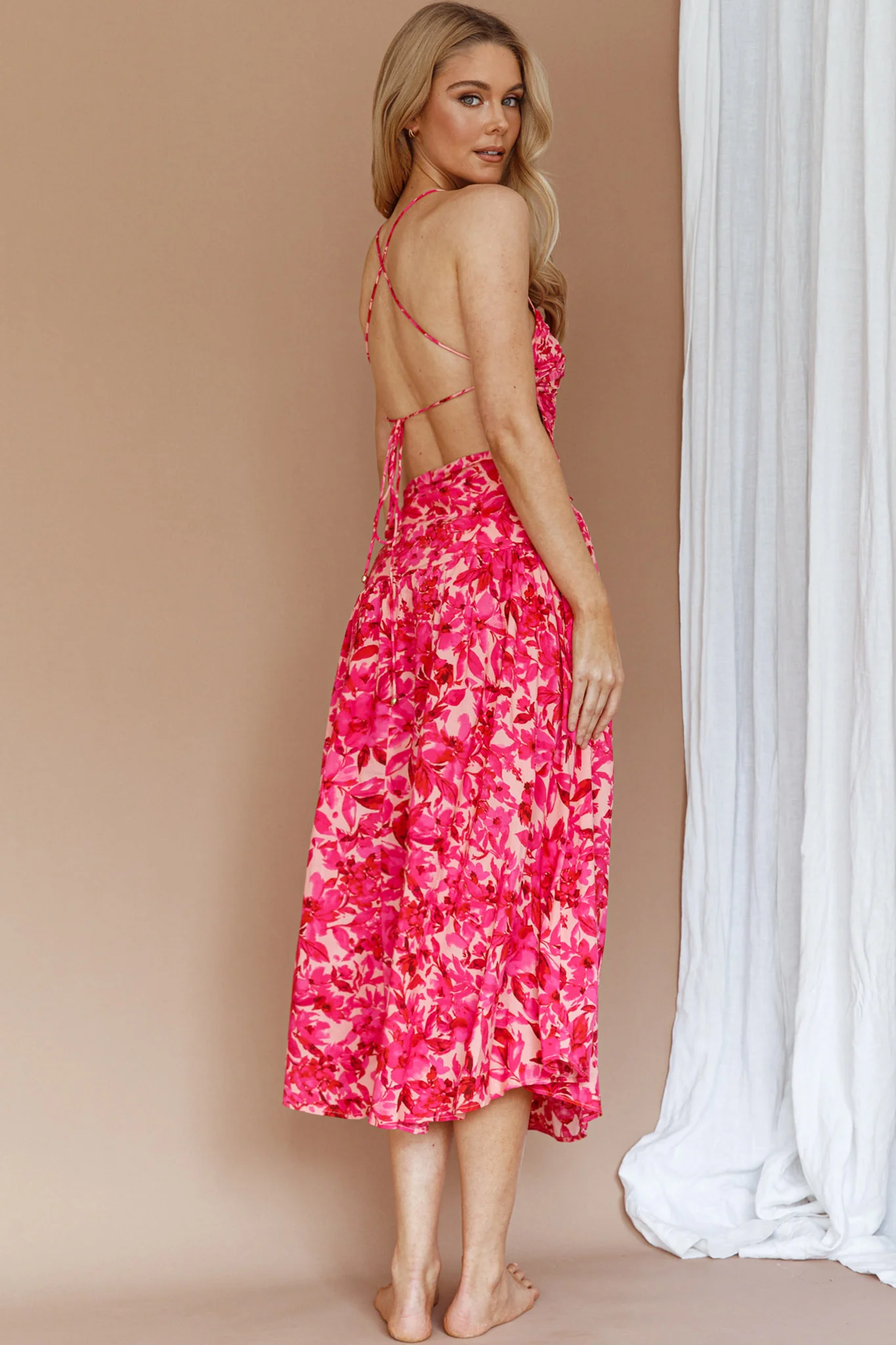Destination Open Back Midi Dress Floral Pink - Seraphlike