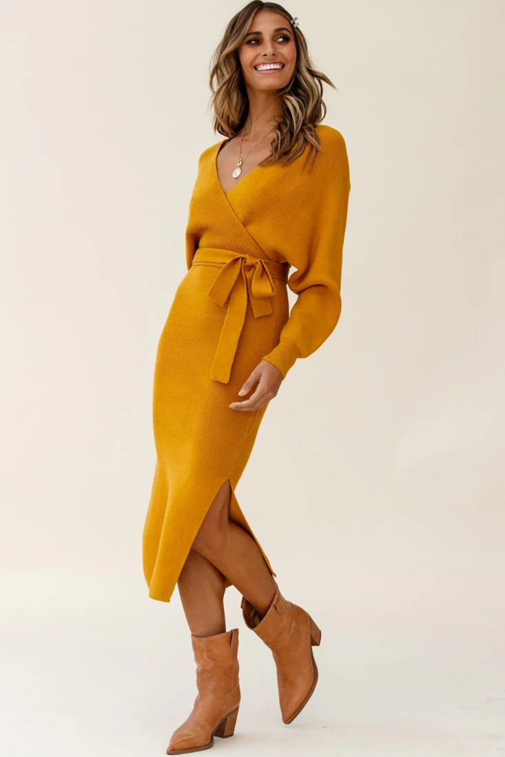 Cameo Batwing Knit Midi Dress Mustard - Seraphlike
