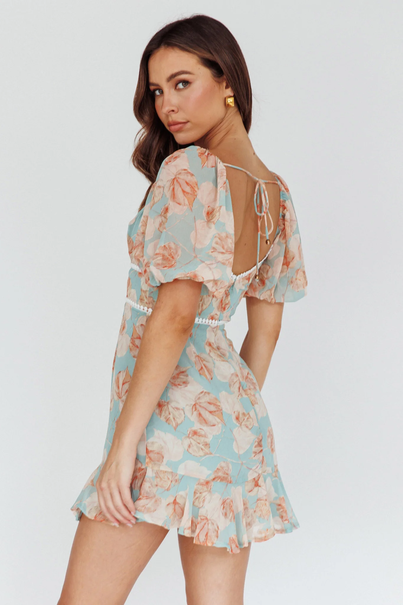 Catch Feelings Sweetheart Puff Sleeve Mini Dress Leaves Blue - Seraphlike
