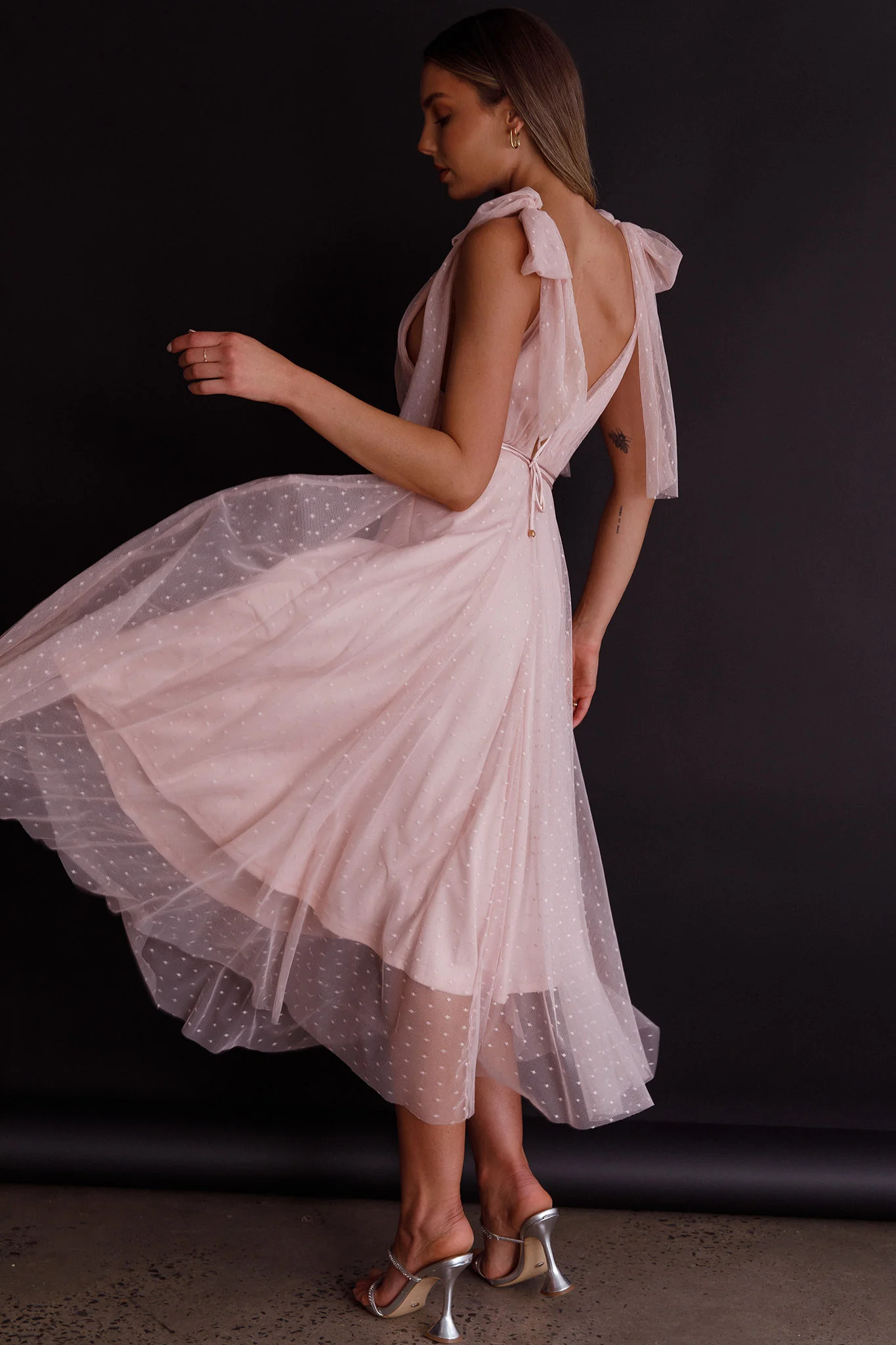 Kathryn Tied Shoulder Mesh Midi Dress Blush - Seraphlike