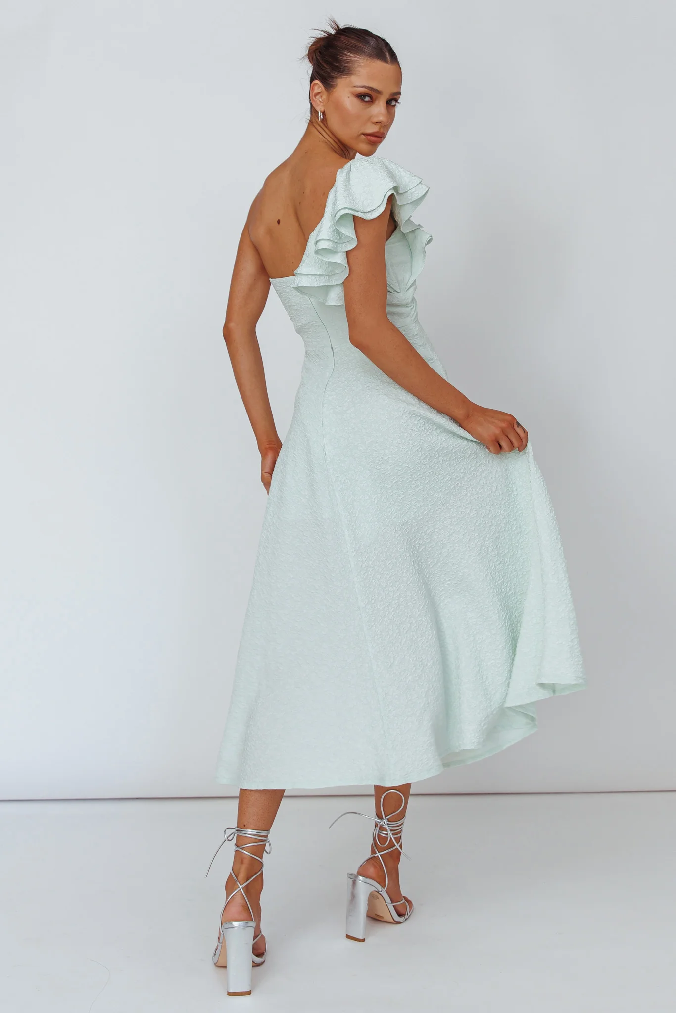 Jolina Ruffle Shoulder Midi Dress Mint - Seraphlike
