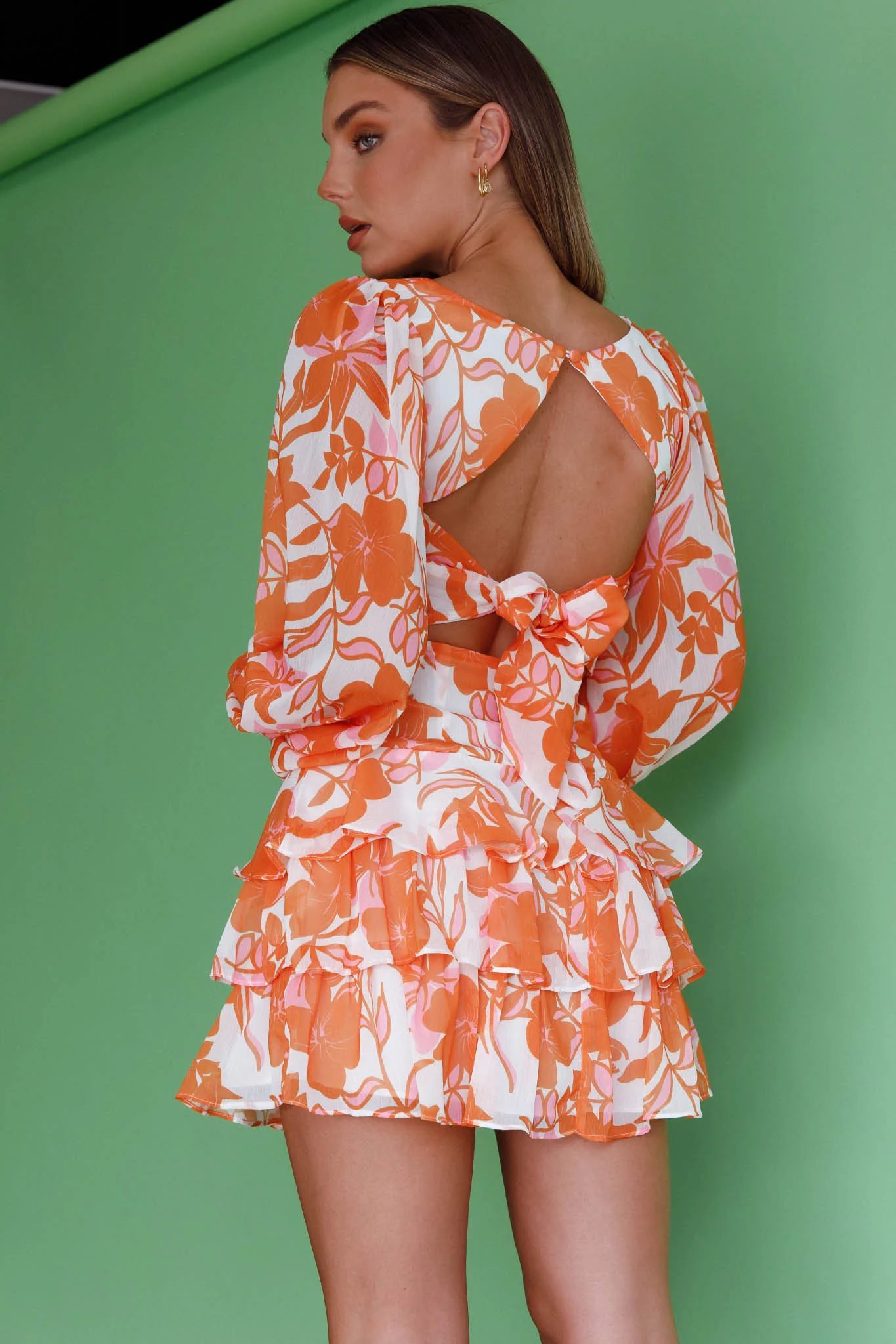 Romance Novel Long Sleeve Tied Back Floral Dress Orange - Seraphlike