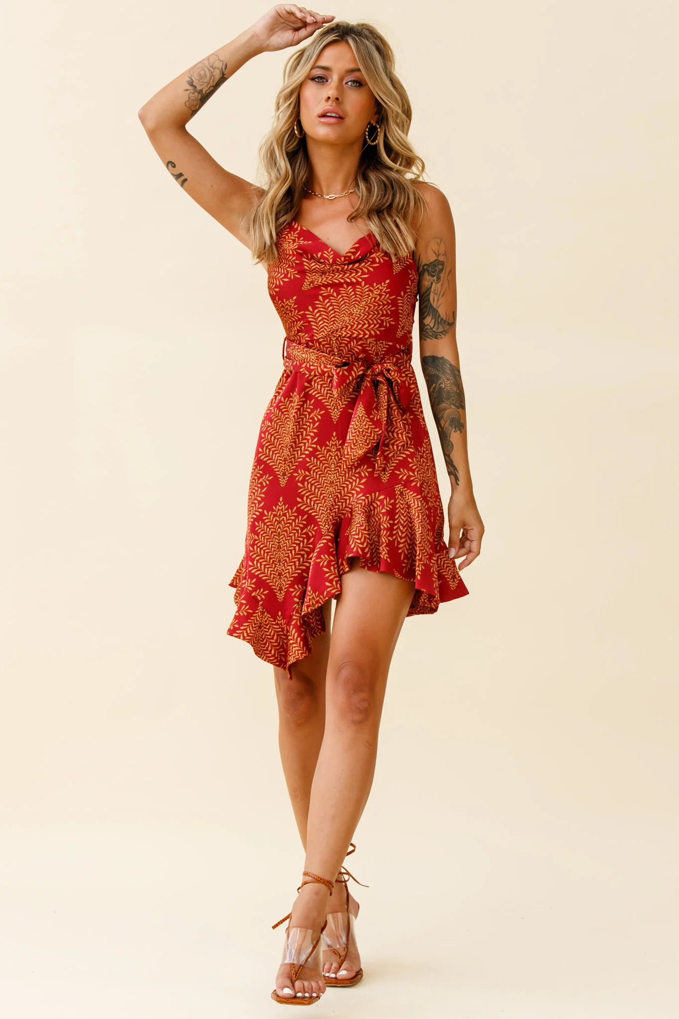 On The Prowl Cowl Neck Asymmetrical Hem Dress Leaf Print Wine - Seraphlike