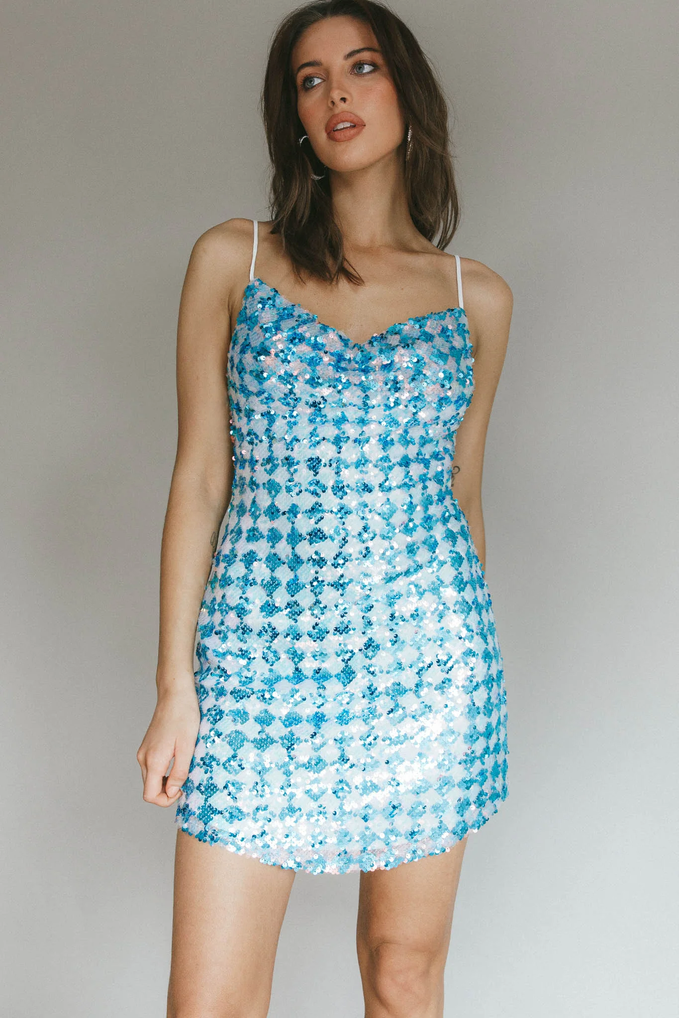 Show Me Love Cowl Neck Mini Dress Sequin Check Blue - Seraphlike