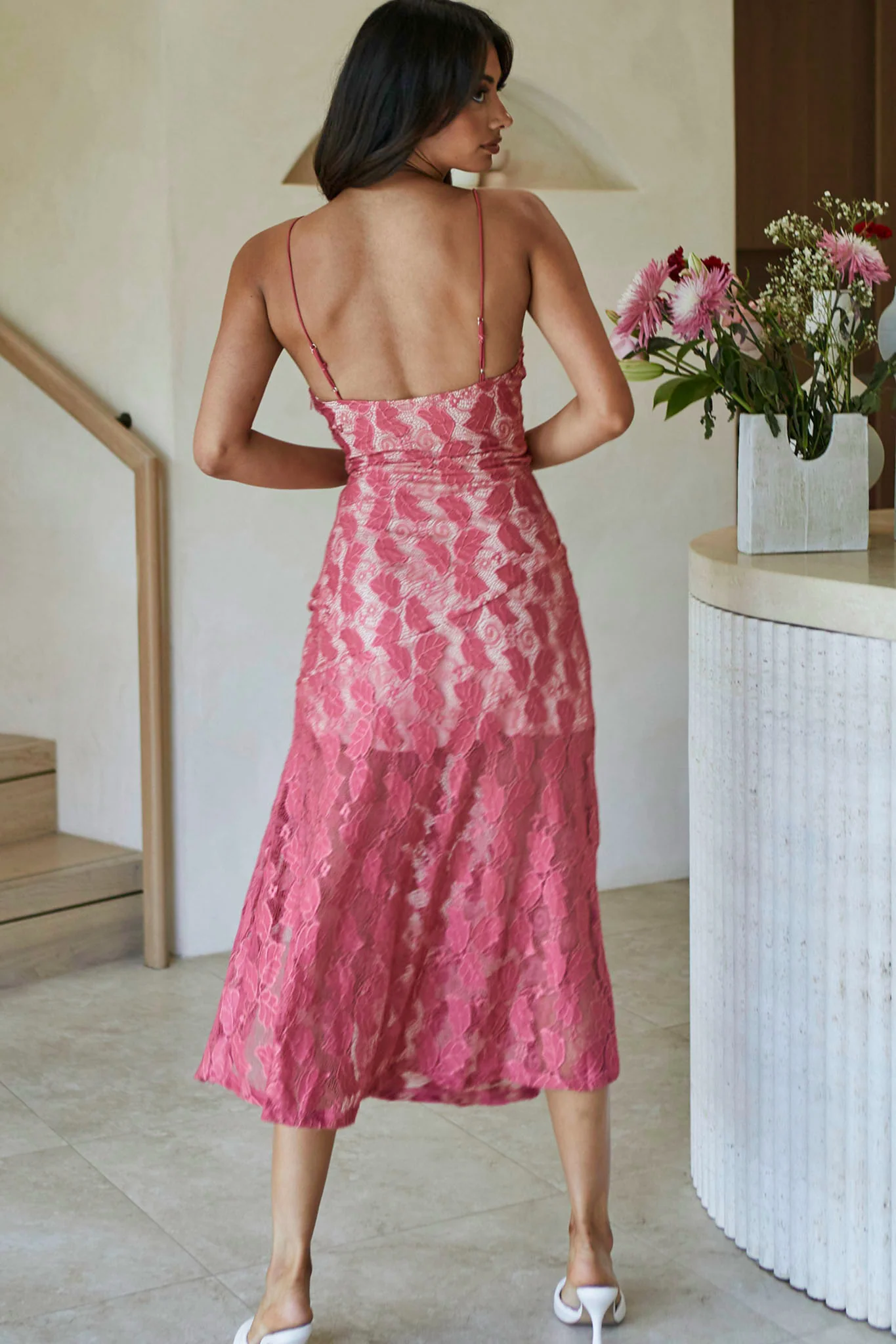 Well Versed Pleated Bust Front Split Dress Lace Rose - Seraphlike