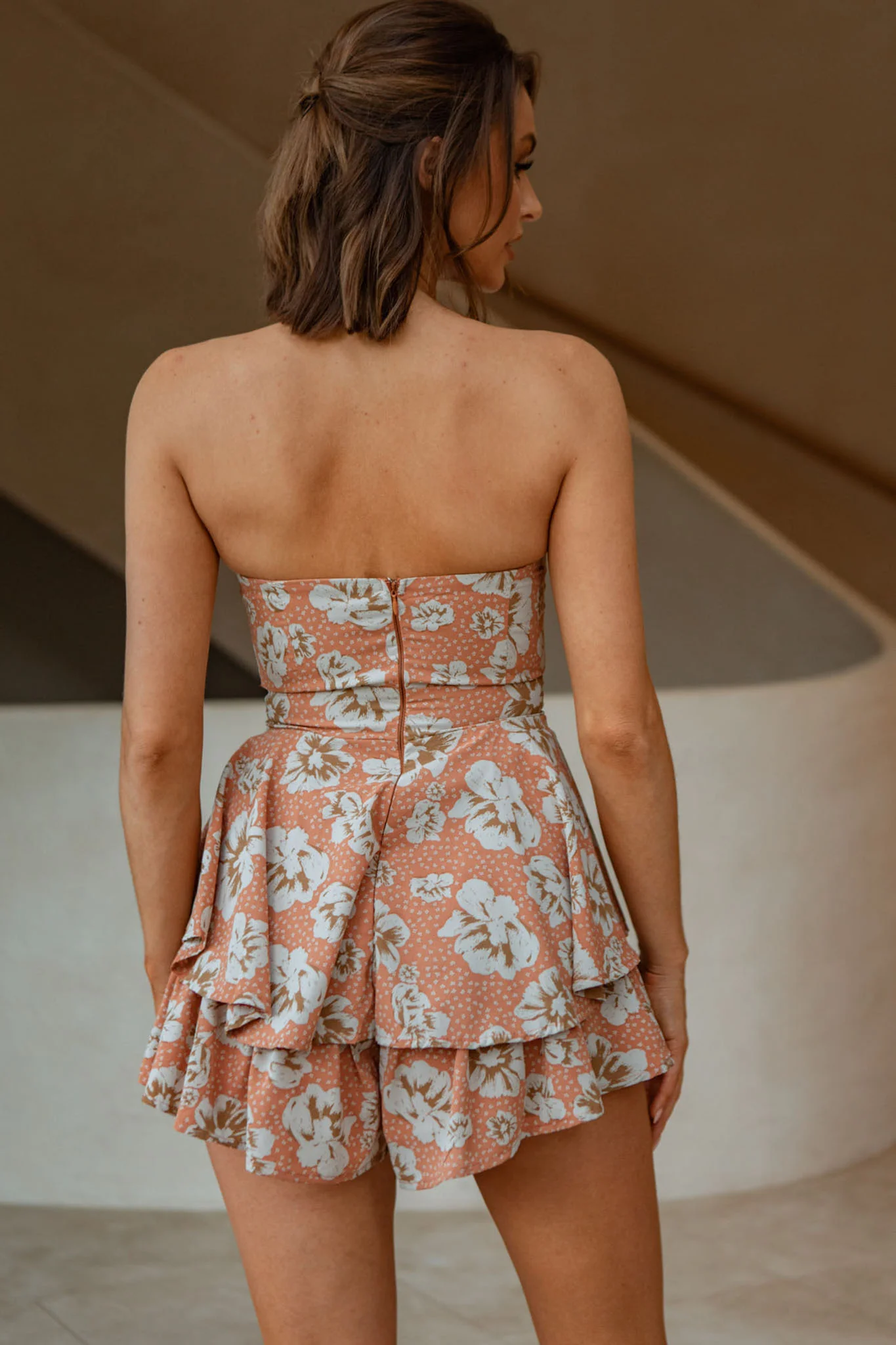 Maddox Fit & Flare Bandeau Romper Flower Print Rust - Seraphlike