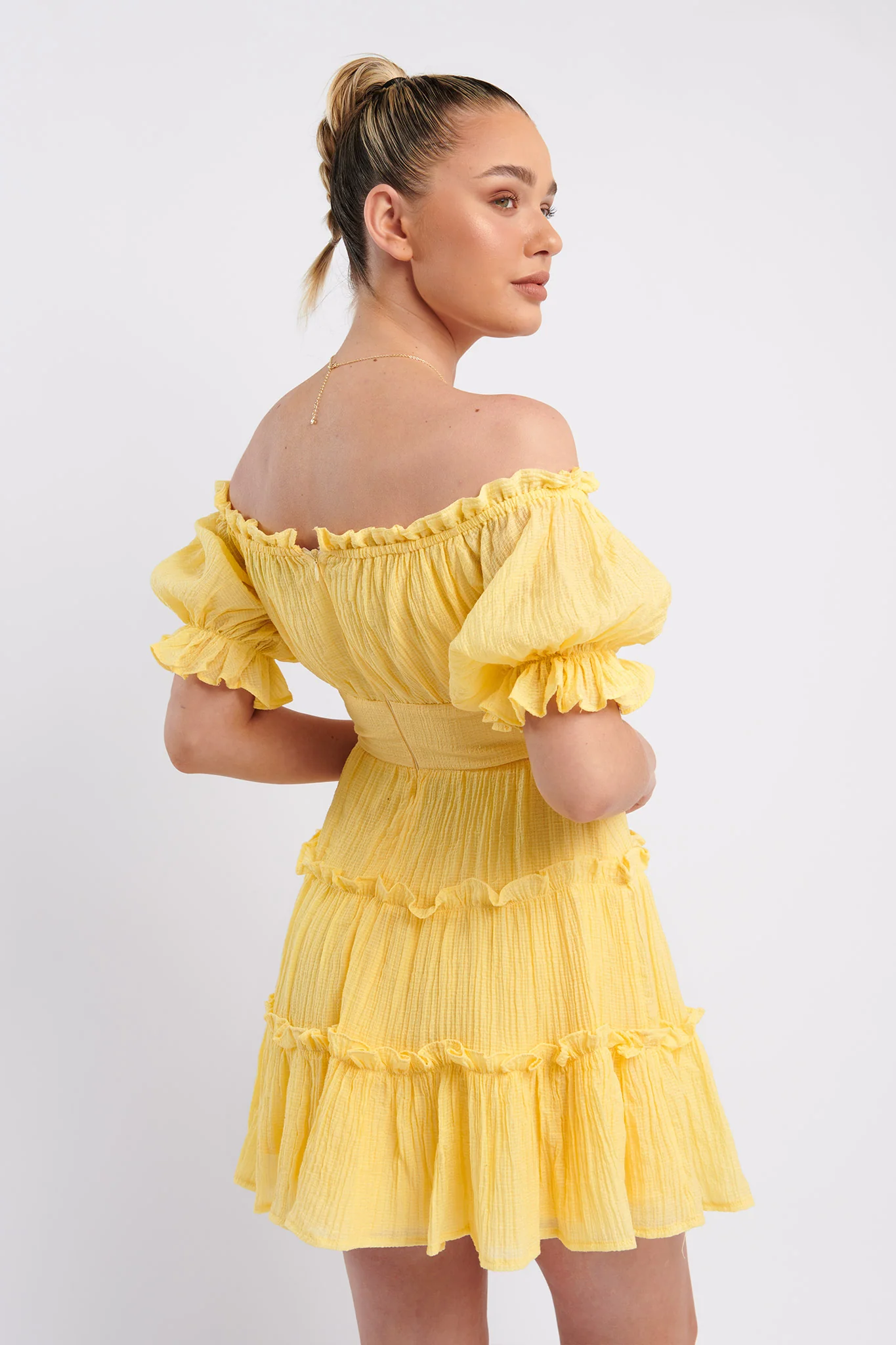 Everley Puff Sleeve Mini Dress Lemon - Seraphlike