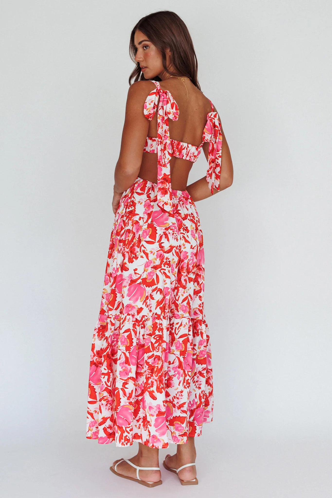 Sun Seeker Tied Shoulder Cut-Out Maxi Dress Floral Red - Seraphlike