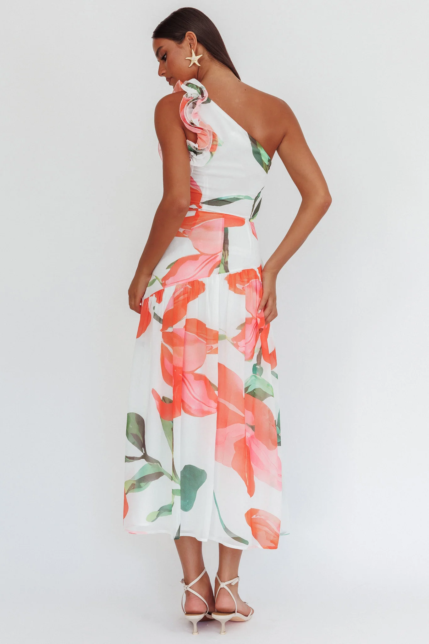 Kinley One-Shoulder Ruffle Maxi Dress Floral Red - Seraphlike