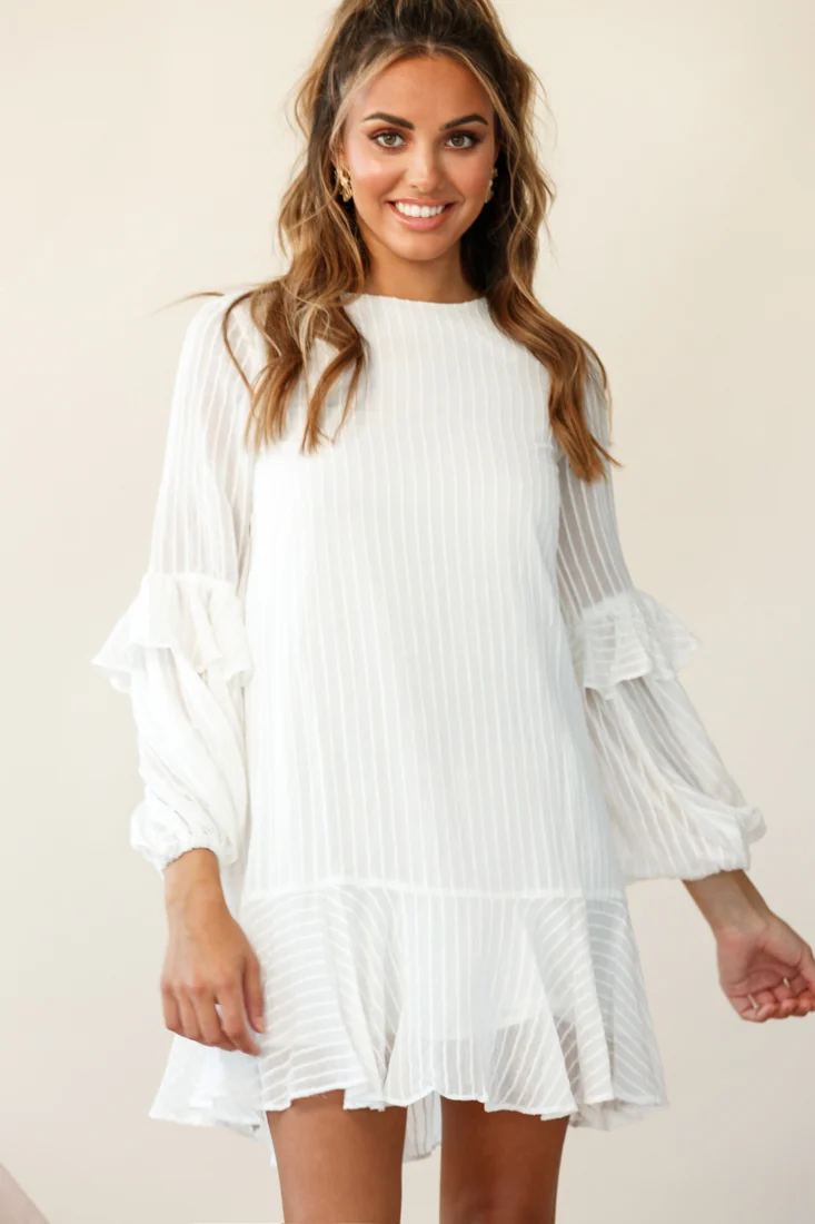 Cate Crew Neckline Balloon Sleeve Frill Dress White - Seraphlike