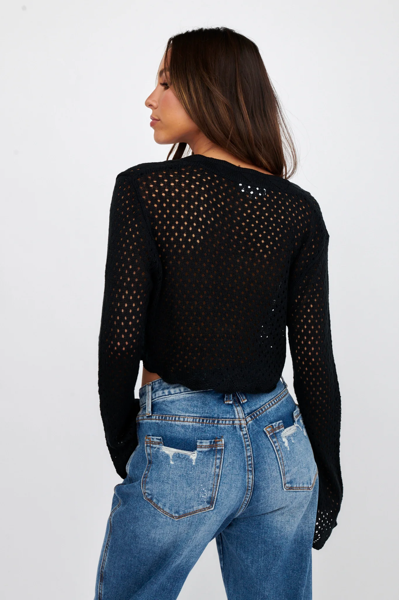 Moon Phase Long Sleeve Crochet Top Black - Seraphlike