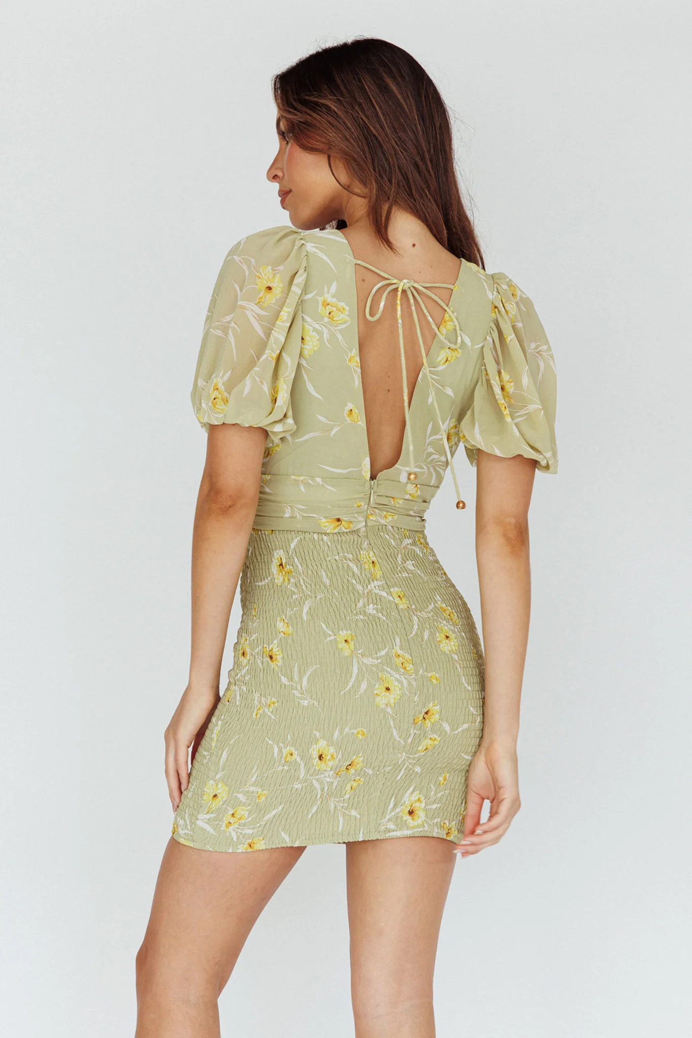 La Nena Shirred Mini Dress Floral Green - Seraphlike