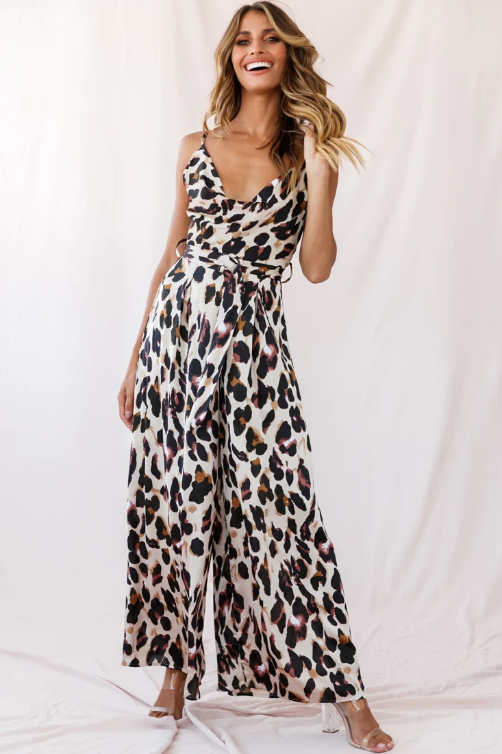 Mali Wide Leg Belted Jumpsuit Leopard - Seraphlike