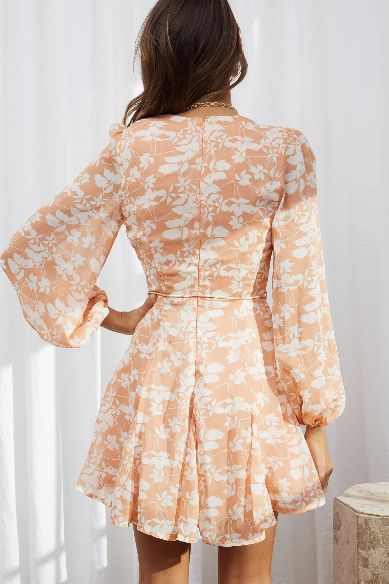 Estelle Long Sleeve V-Neckline Dress Leaf Print Rose - Seraphlike