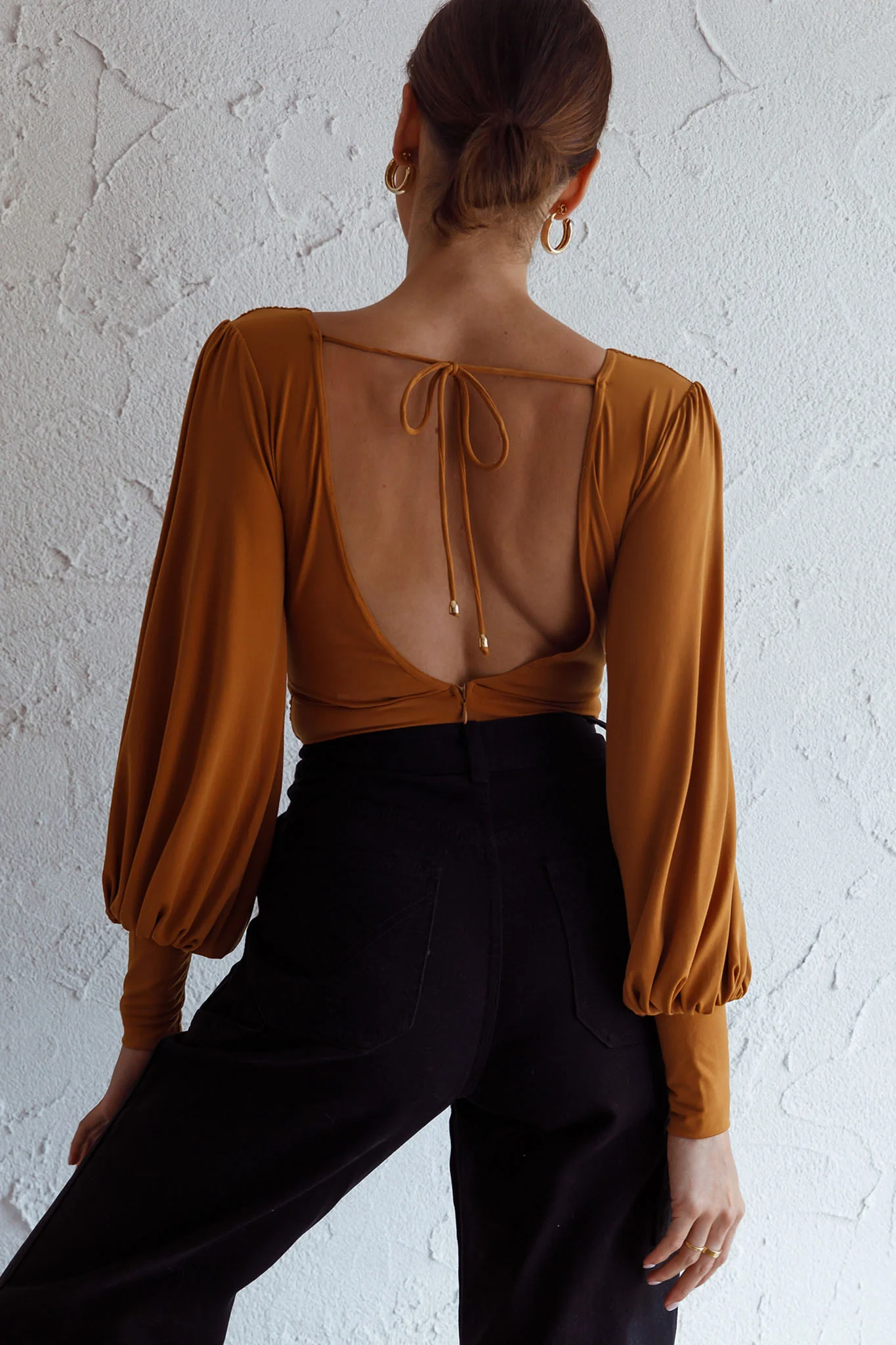 Sunsets In Tahiti Deep V-Neckline Lantern Sleeve Bodysuit Tan - Seraphlike