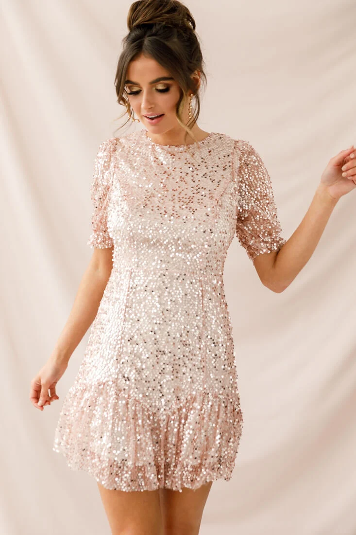 Shine On Sequin Overlay Puff Sleeve Dress Gold - Seraphlike