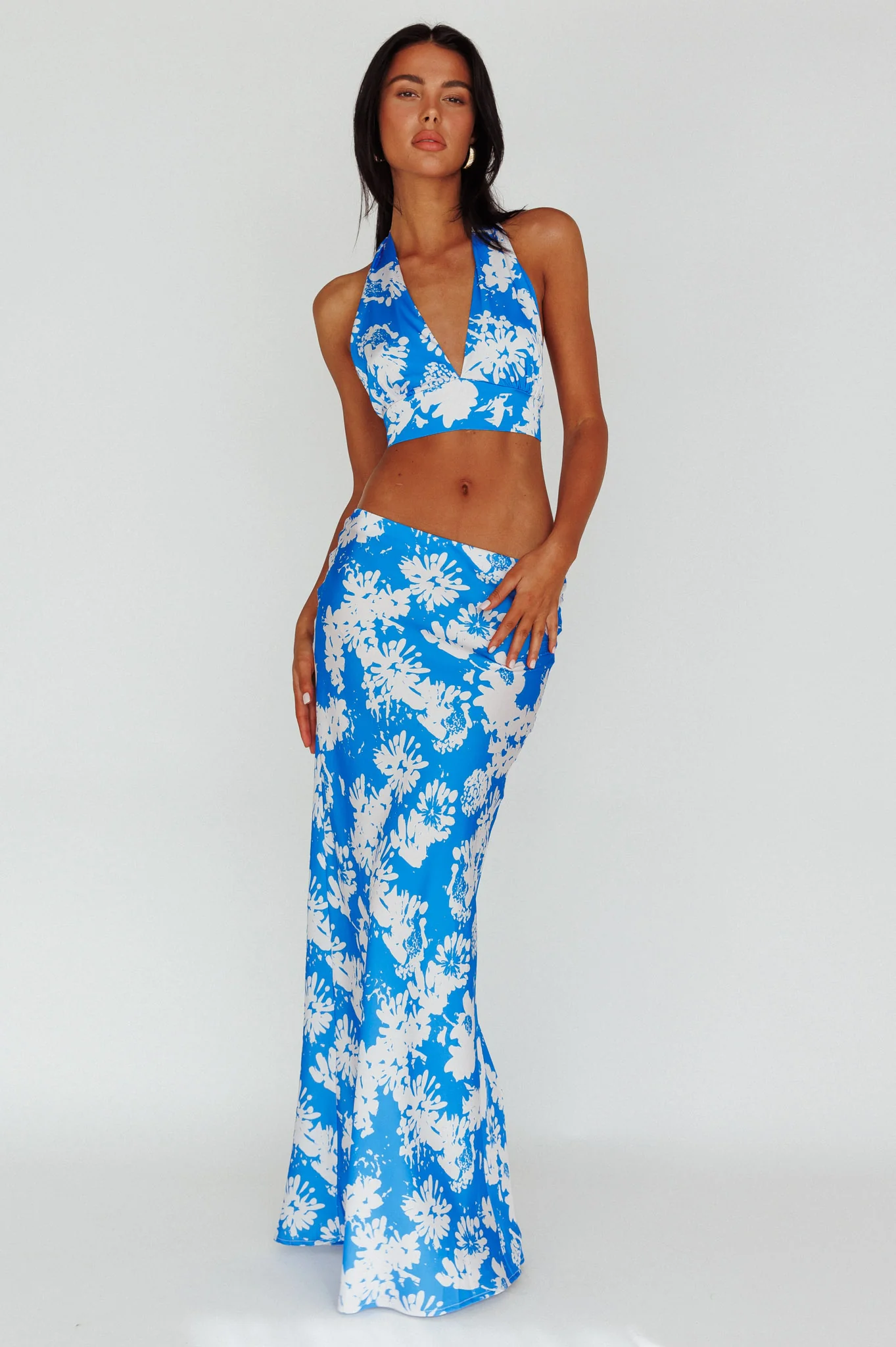 Manila Satin Maxi Skirt Blue Floral - Seraphlike