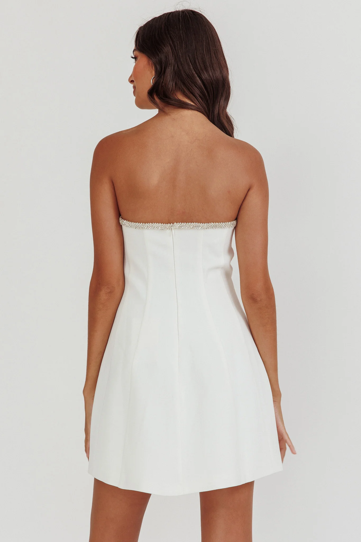 Macaila Rhinestone Trim Strapless Mini Dress Off White - Seraphlike