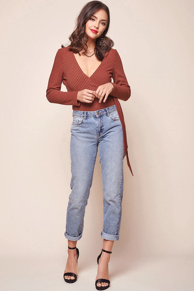 Herieth Long Sleeved Ribbed Bodysuit Chestnut - Seraphlike