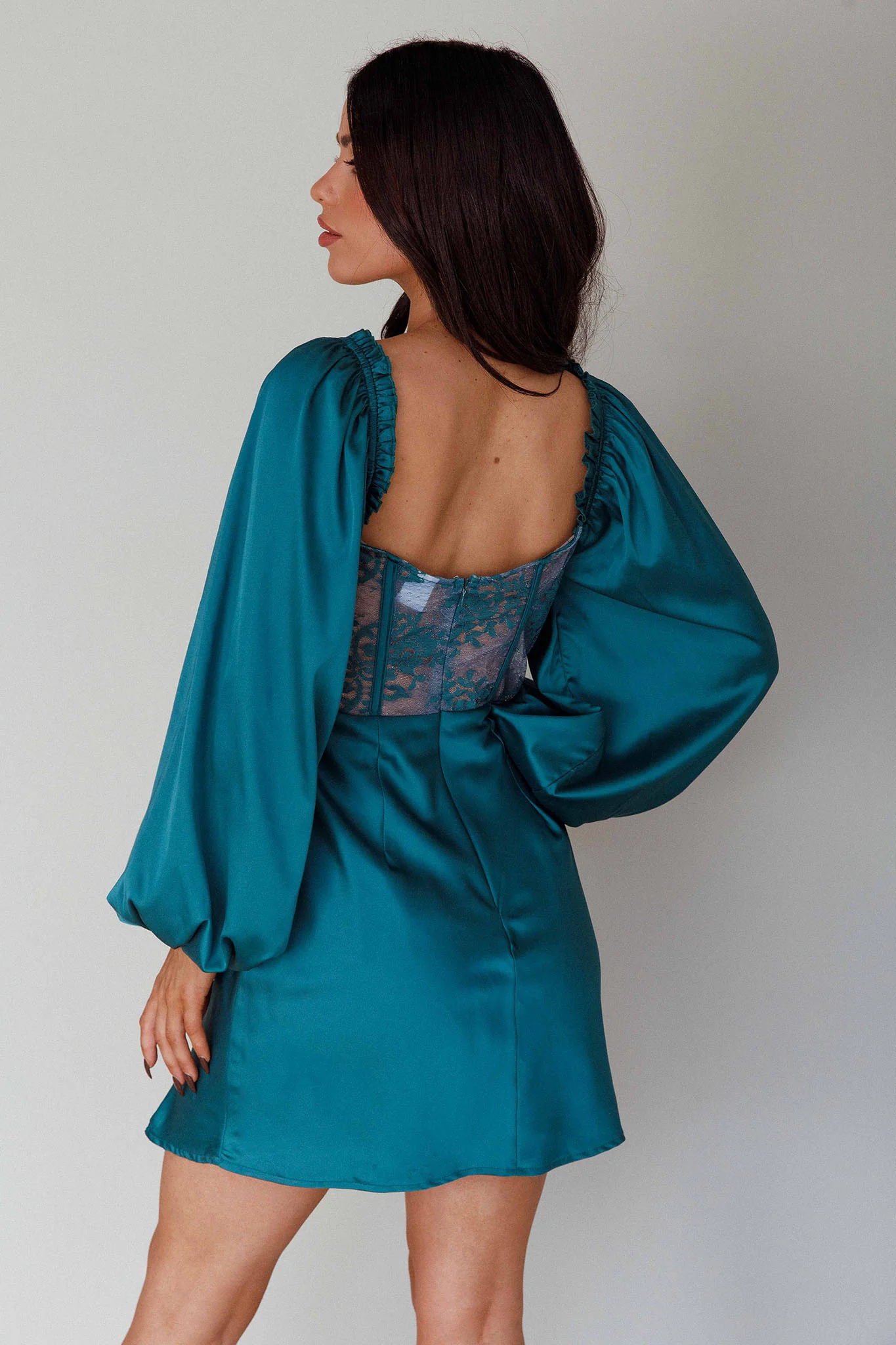 Trophy Long Sleeve Lace Bodice Mini Dress Forest Green - Seraphlike