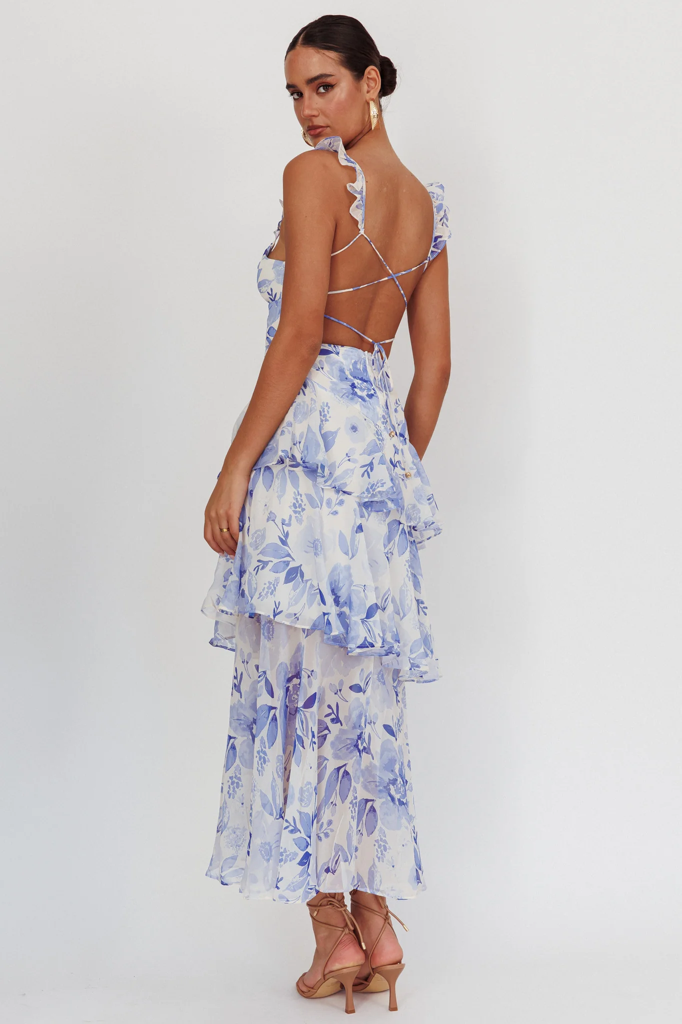 Veda Strappy Back Ruffle Maxi Dress Flowers Blue - Seraphlike