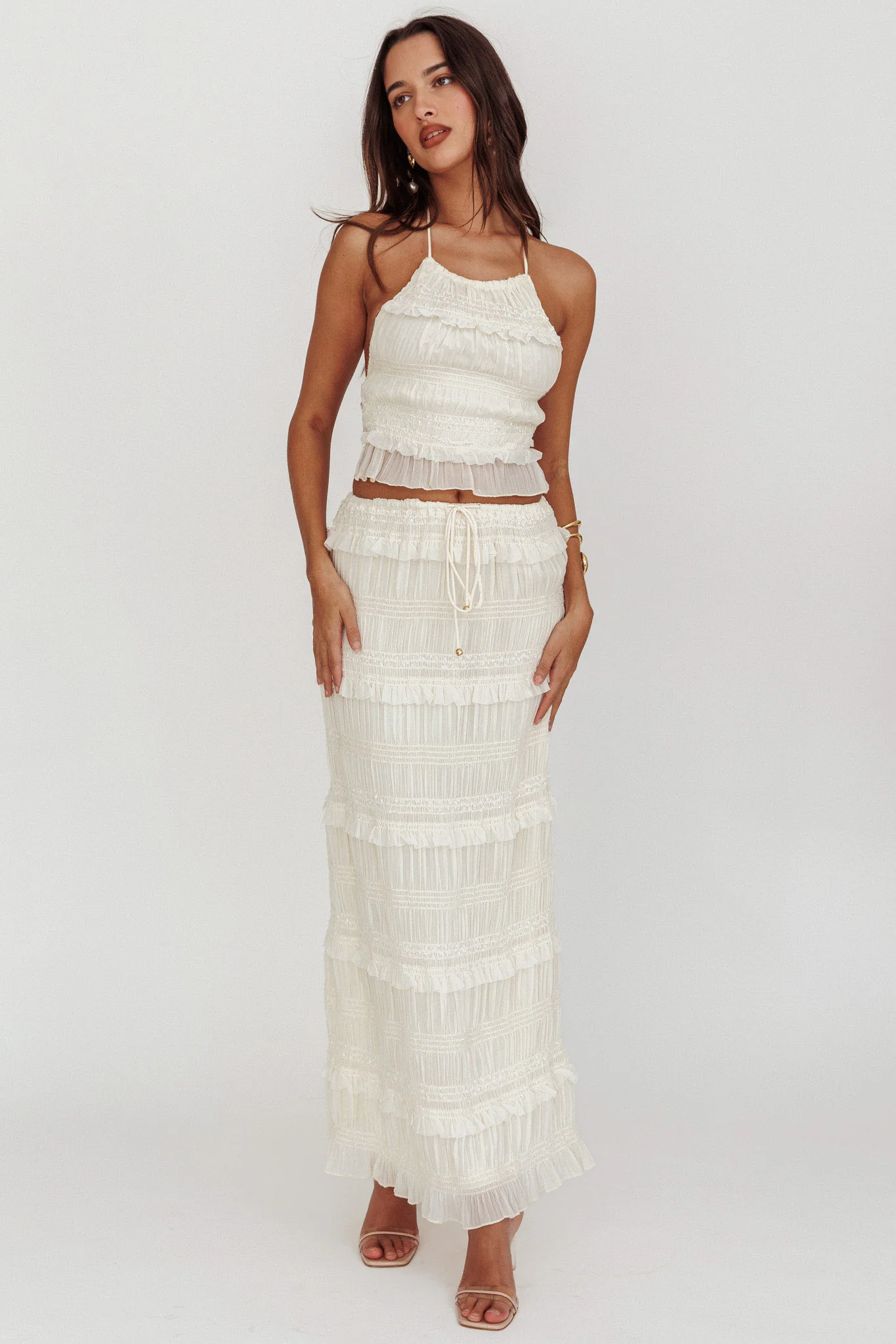 Helios Shirred Sequin Maxi Skirt Beige - Seraphlike