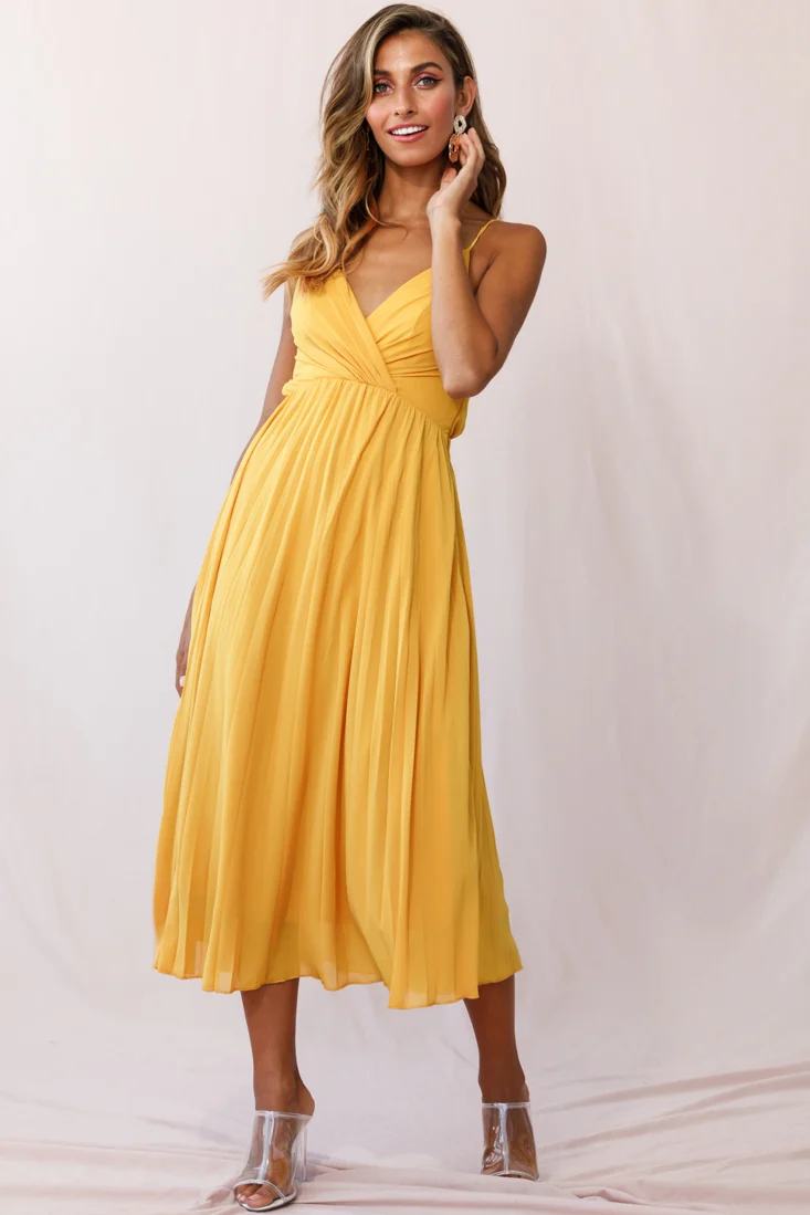 Artemis Accordion Pleat Strappy Back Midi Dress Mustard - Seraphlike