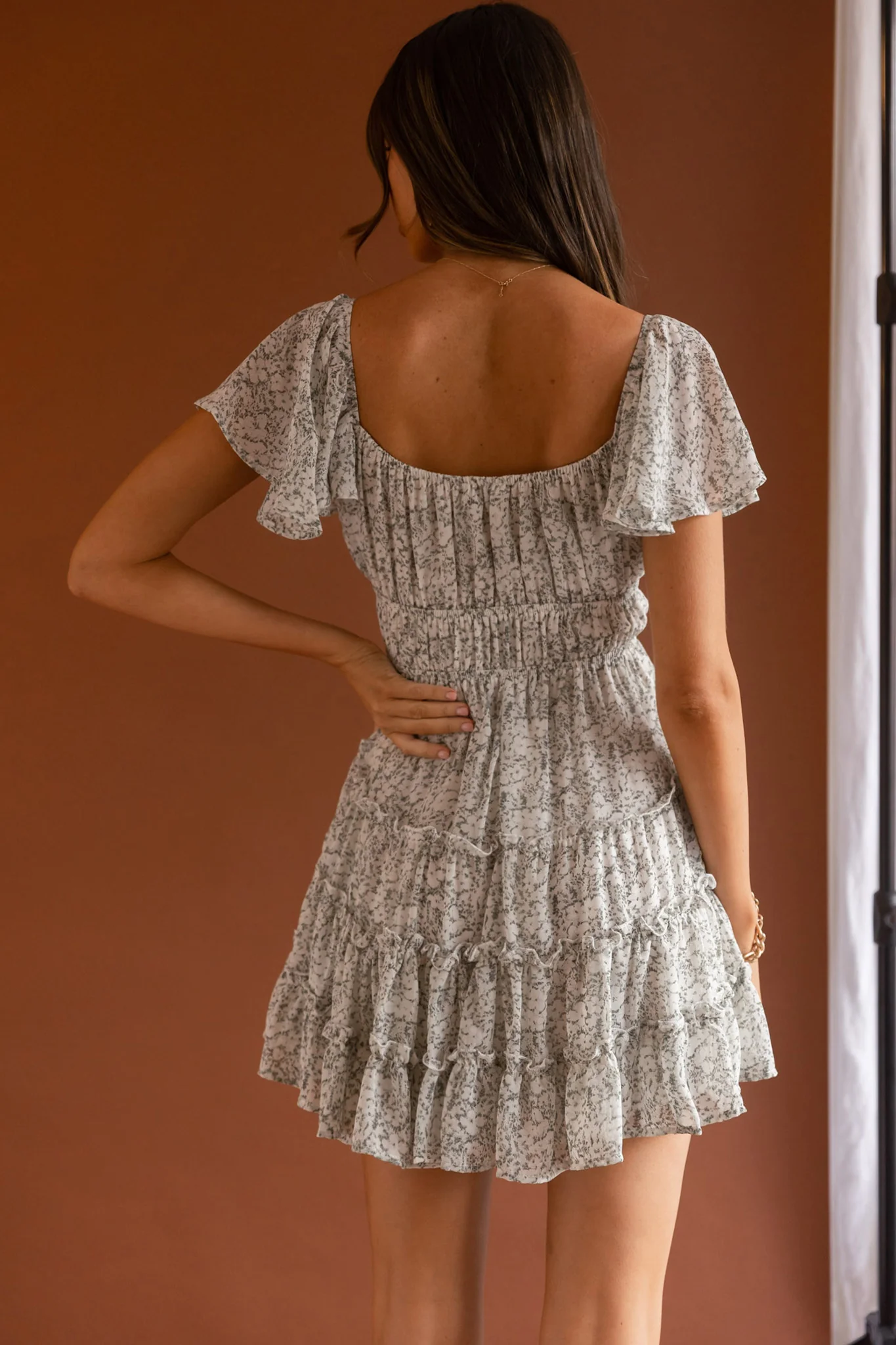 Josephina Lace-Up Front Flutter Sleeve Dress Floral Print Sage - Seraphlike