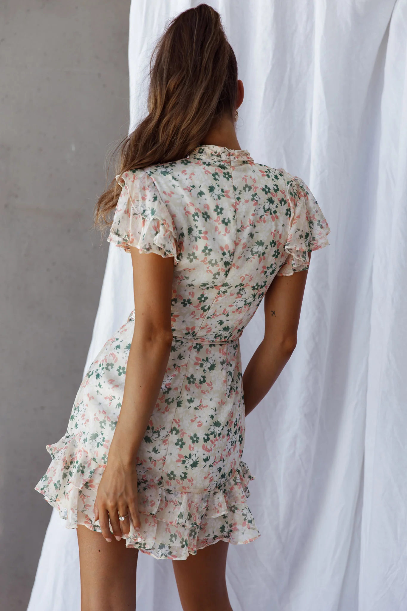 Lark High Neck Ruffle Sleeve Dress Flower Print Yellow - Seraphlike