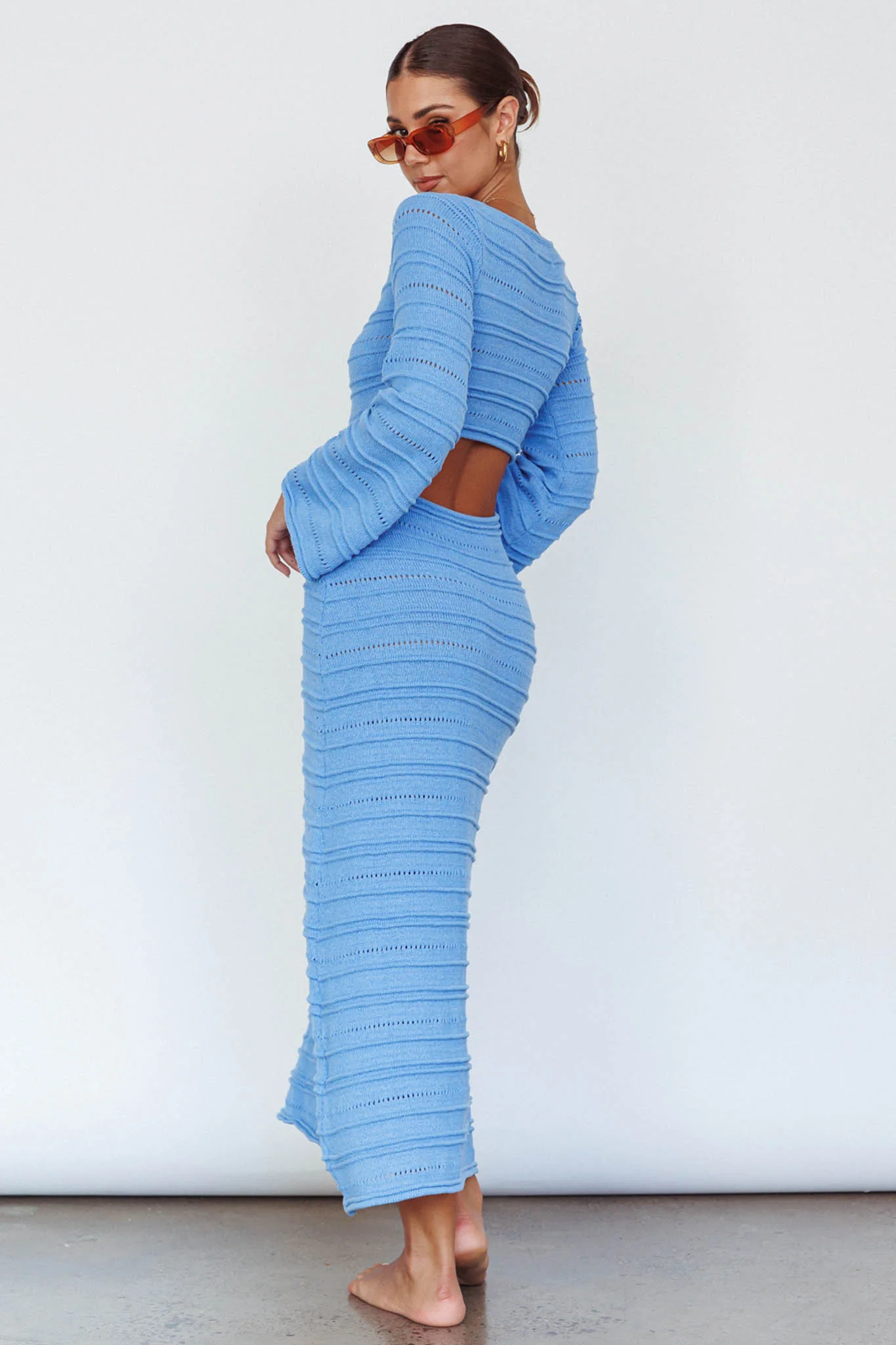 Meredith Long Sleeve Cut-Out Maxi Dress Blue - Seraphlike