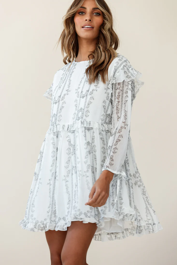 Marion Long Sleeve Shift Dress Vintage Floral Print White - Seraphlike