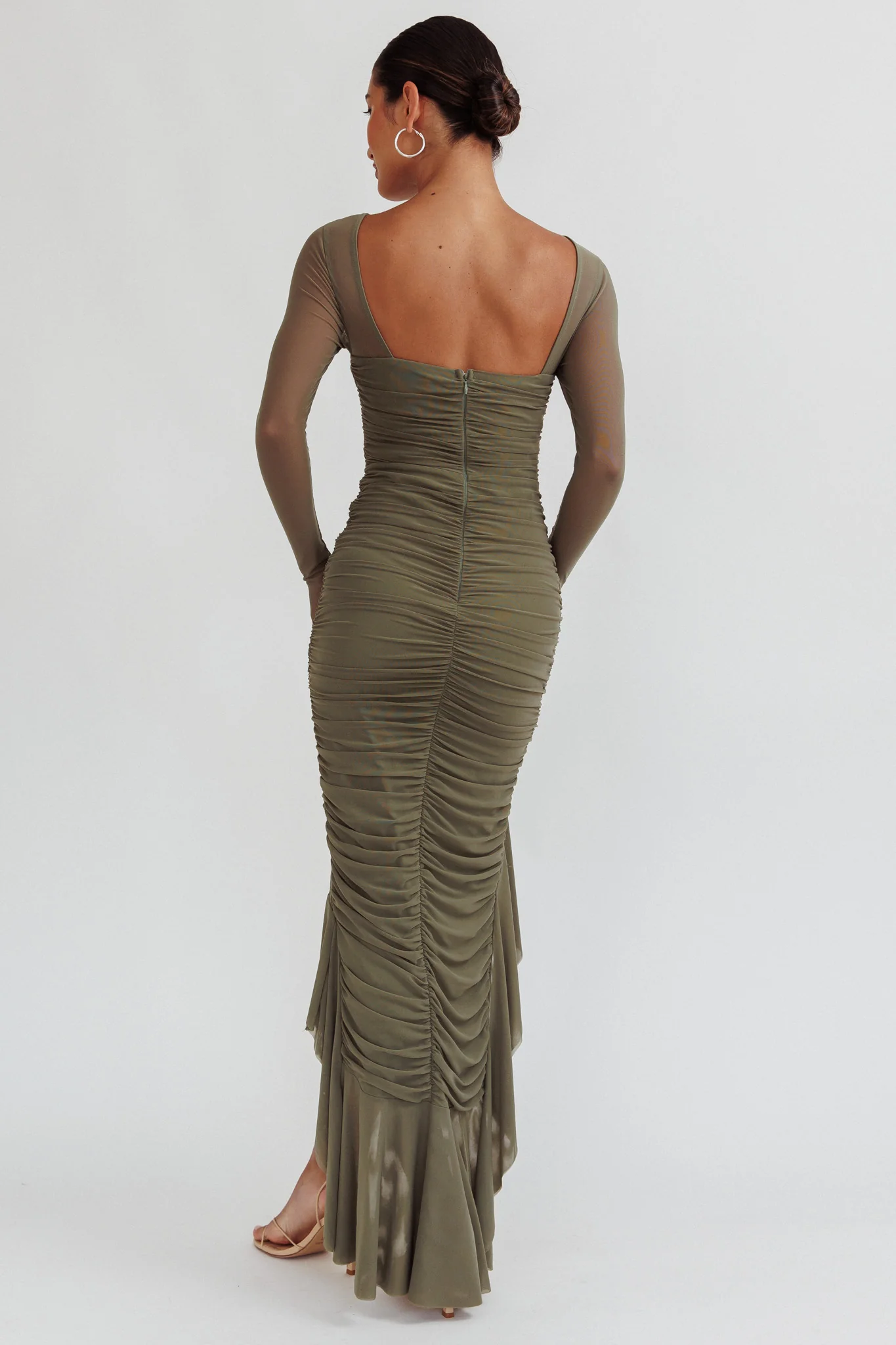 Jozelle Long Sleeve Ruched Maxi Dress Olive - Seraphlike