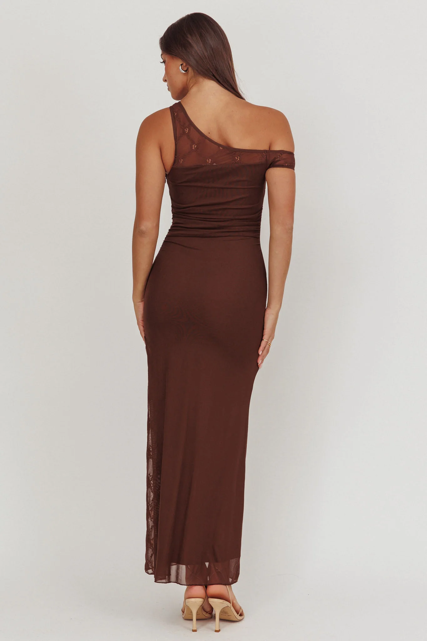 Sher One-Shoulder Lace Panel Maxi Dress Chocolate - Seraphlike