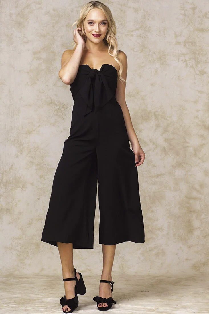 Khloe Bow Tie Wide Leg Jumpsuit Black - Seraphlike