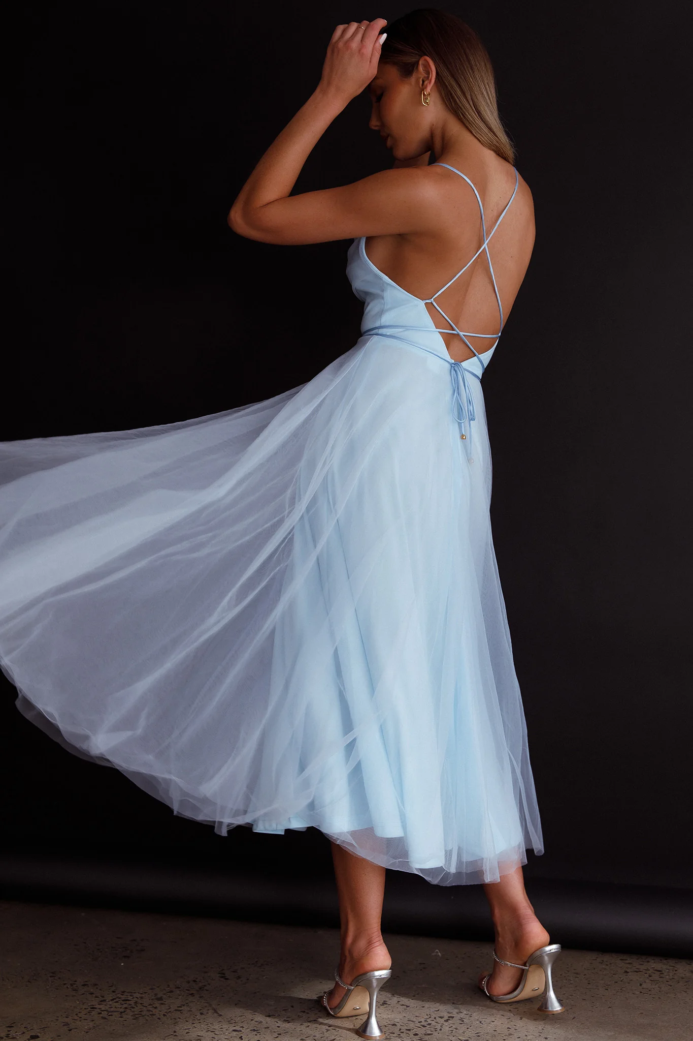 Floating By Pleated Neckline Mesh Midi Dress Blue - Seraphlike