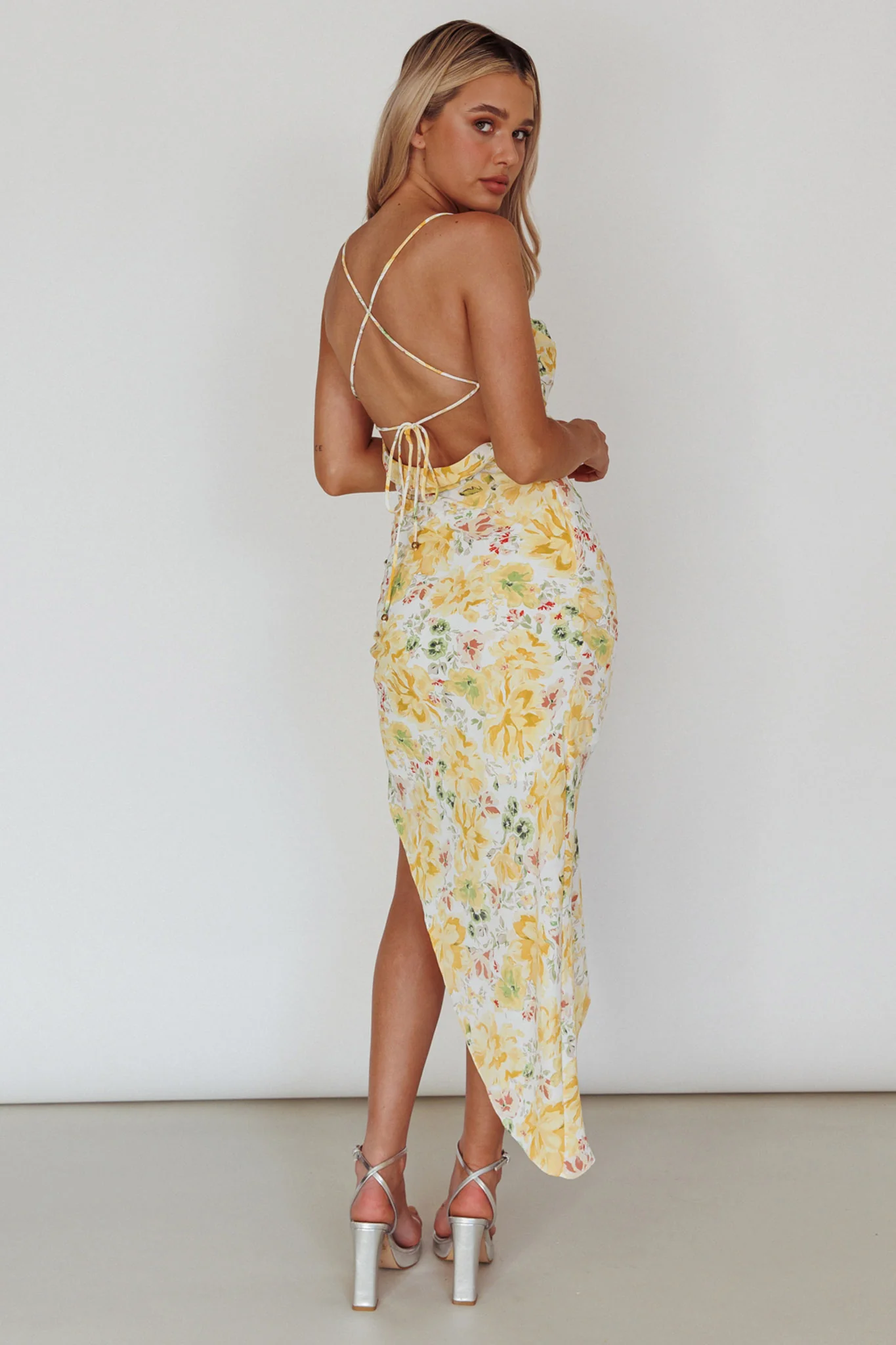 Klara Thigh Split Midi Dress Floral Yellow - Seraphlike