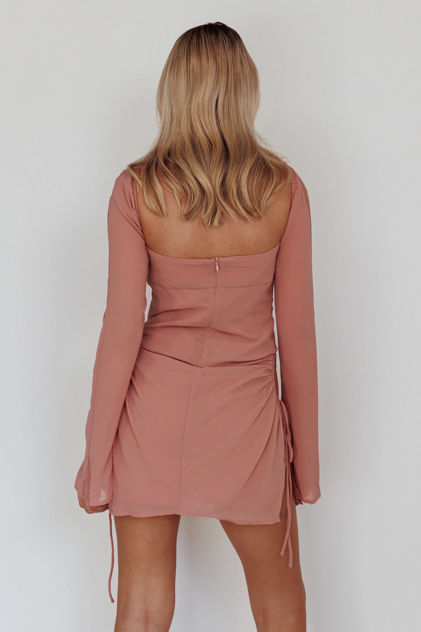 Etta Drawstring Long Sleeve Mini Dress Blush - Seraphlike