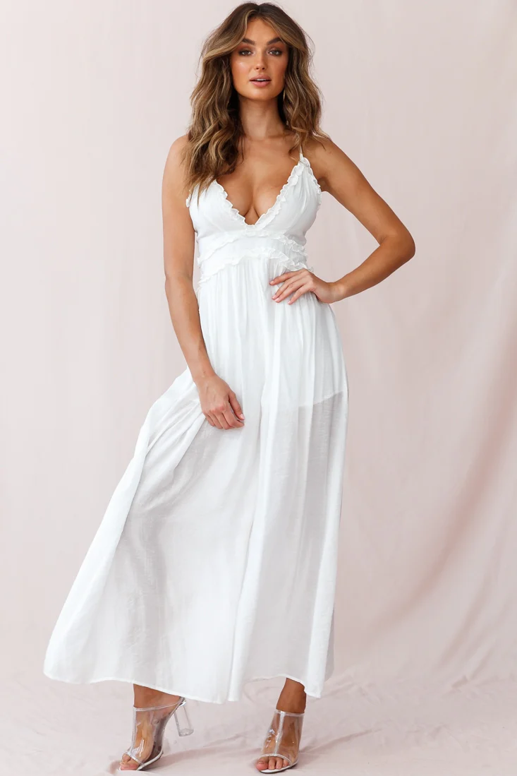 Laney Wide Leg Ruffle Detail Jumpsuit White - Seraphlike