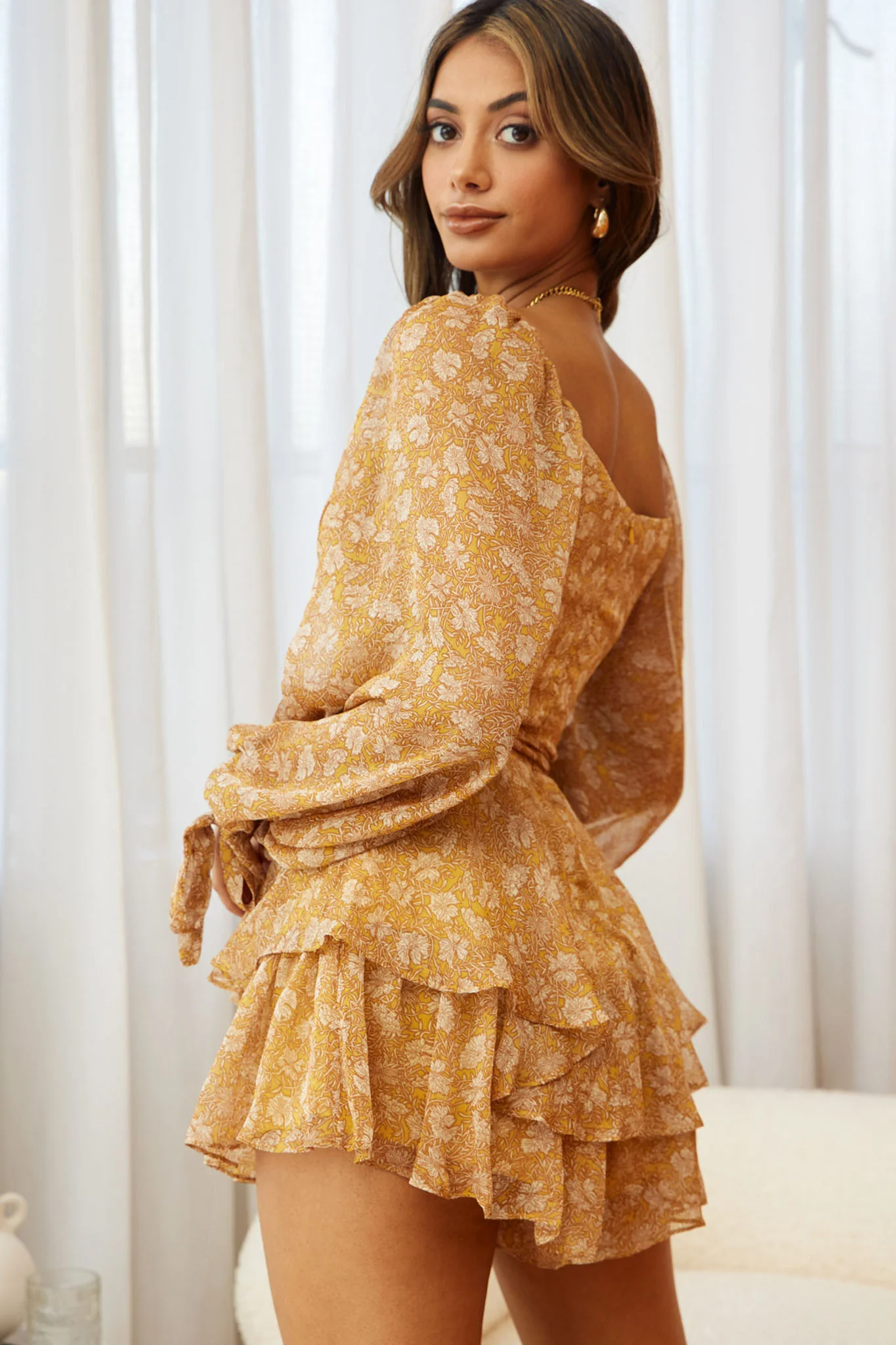 True Love Long Balloon Sleeve Layered Flounce Romper Floral Print Mustard - Seraphlike