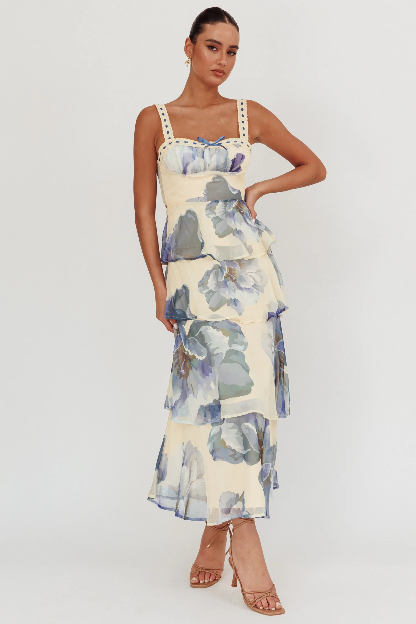 Provence Bloom Tiered Ruffle Maxi Dress Beige/Blue - Seraphlike