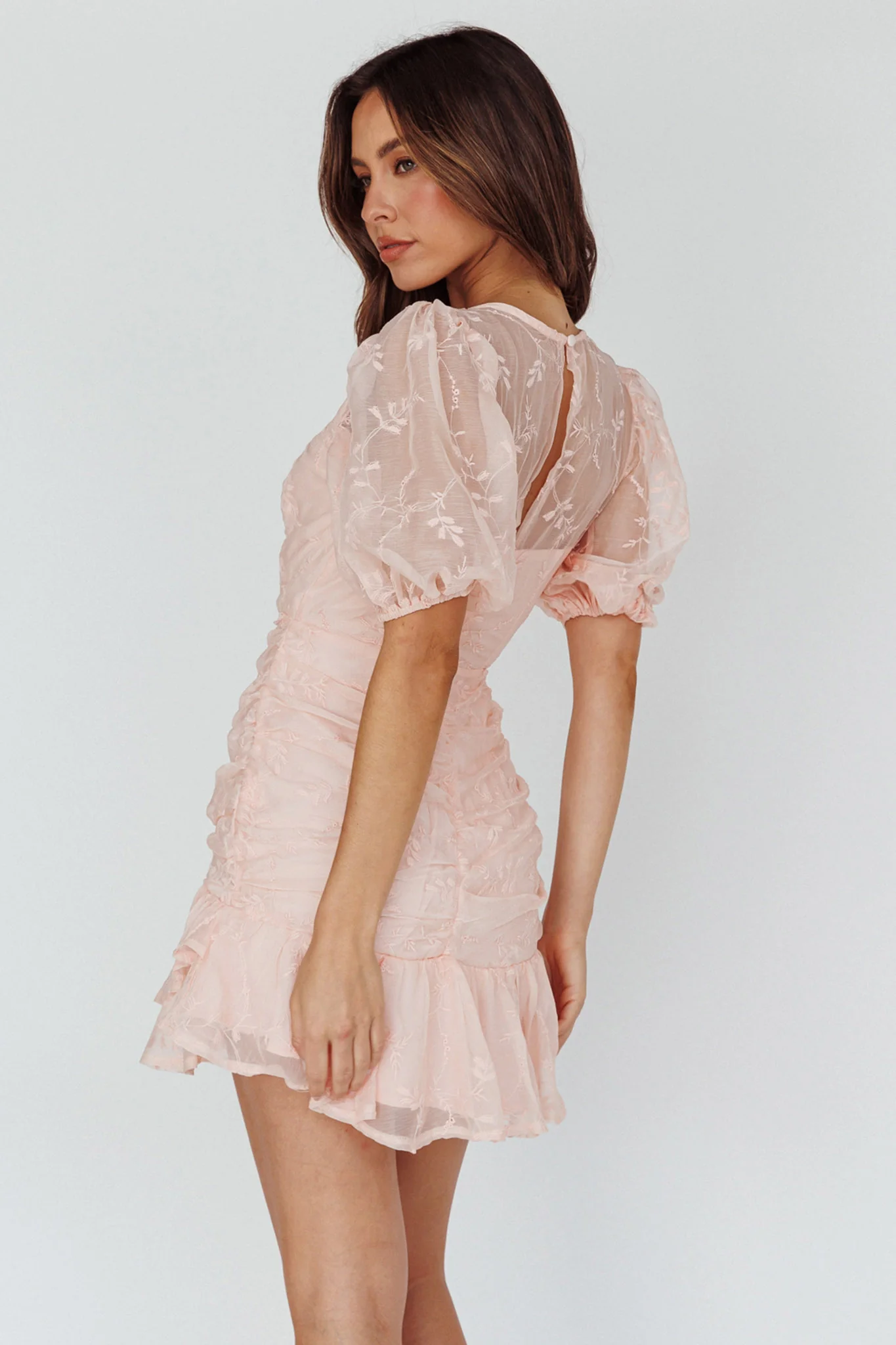 Cherry Blossom Puff Sleeve Wide Ruffle Hem Dress Pink - Seraphlike