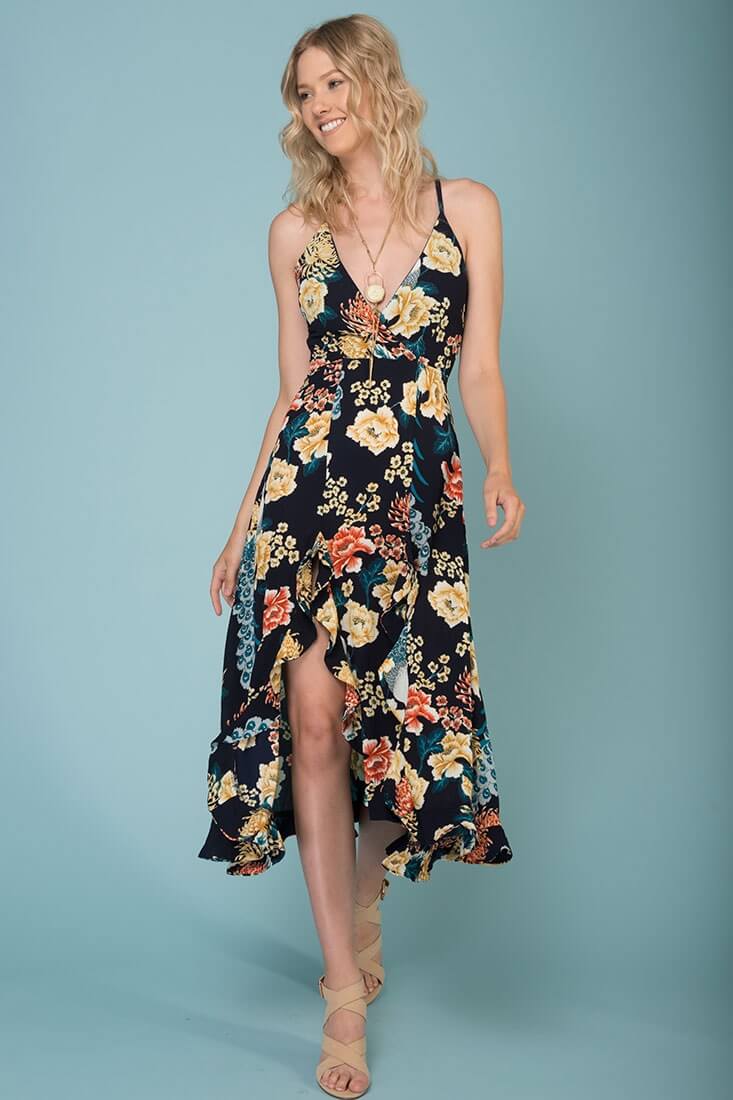 Adalynn Hi Low Deep V Floral Midi Dress Navy - Seraphlike